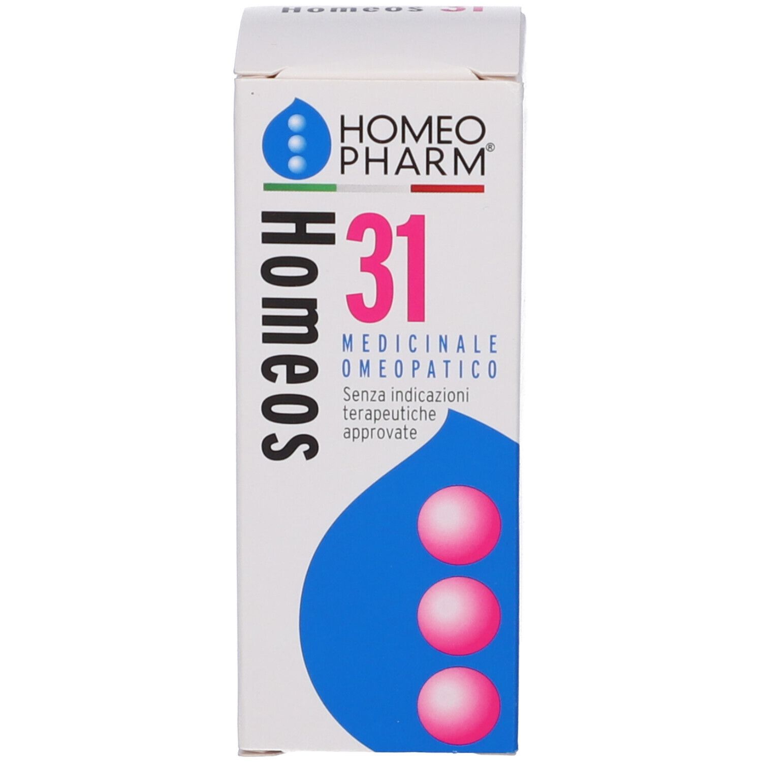 Scatola con stampa del prodotto. Scritta: Homeos 31, Medicinale, 31, gocce. Elementi blu e rosa.