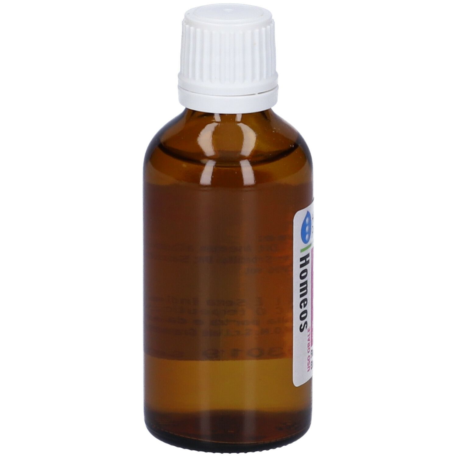 Flacone di vetro marrone con tappo bianco. Etichetta con informazioni sul prodotto. Liquido visibile.