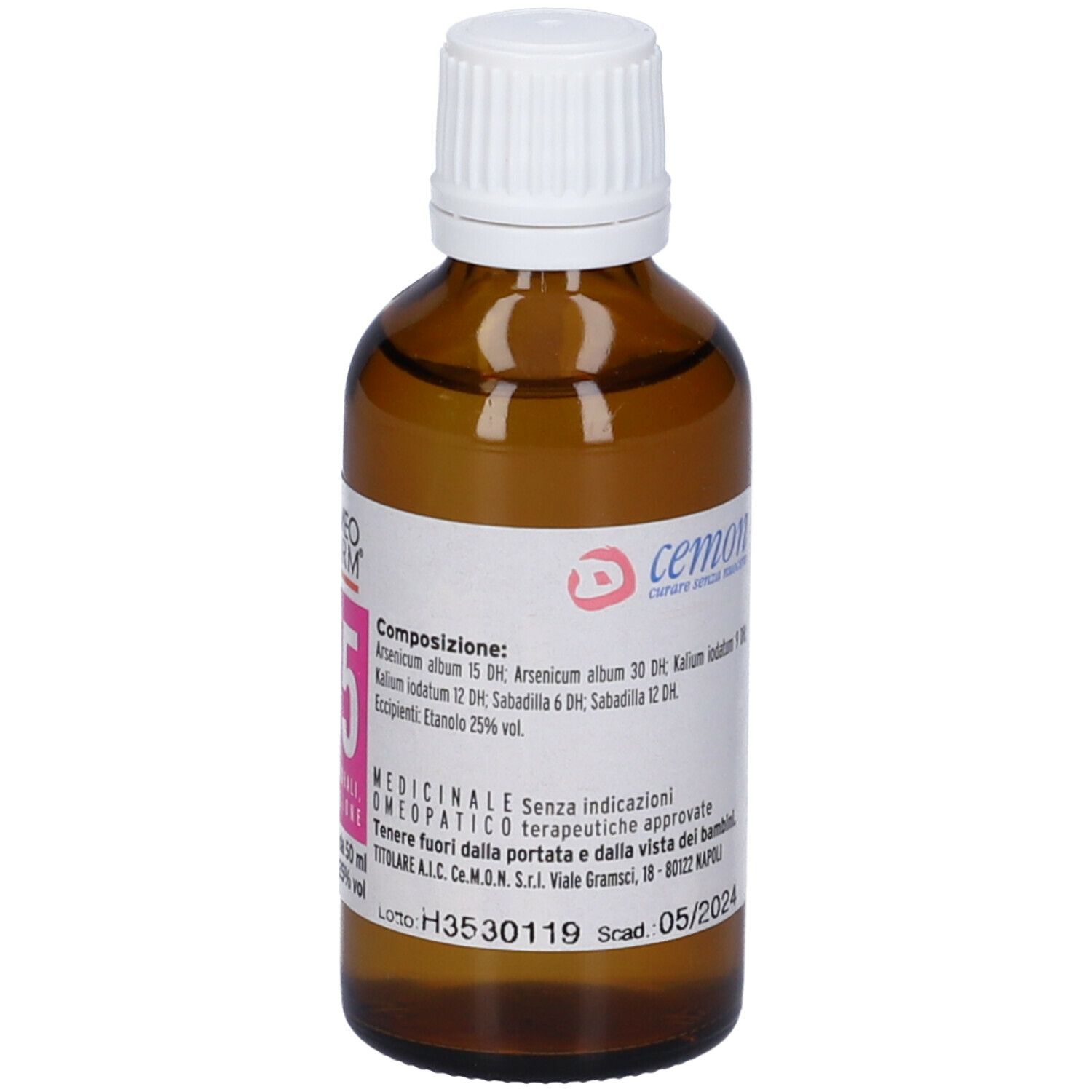 Flacone di vetro marrone con tappo bianco. Etichetta con informazioni sul prodotto. Liquido visibile.