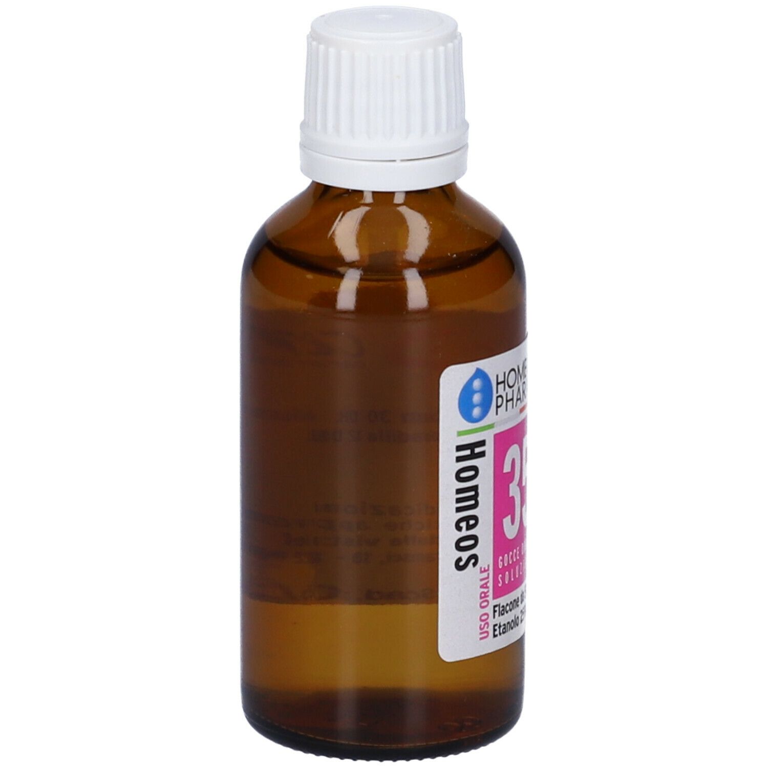 Flacone di vetro marrone con tappo bianco. Etichetta con informazioni sul prodotto. Liquido visibile.