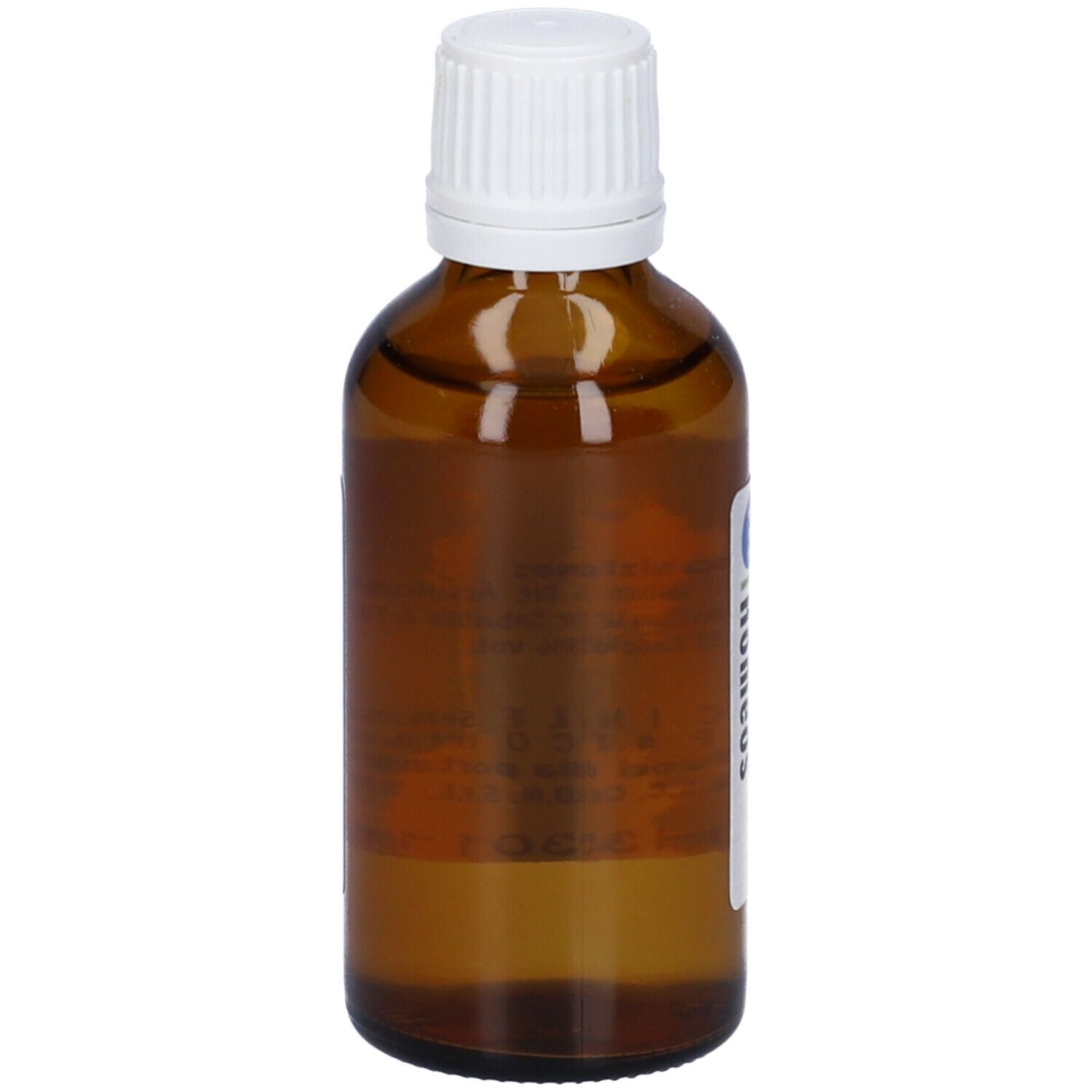Flacone di vetro marrone con tappo bianco. Etichetta con informazioni sul prodotto. Liquido visibile.
