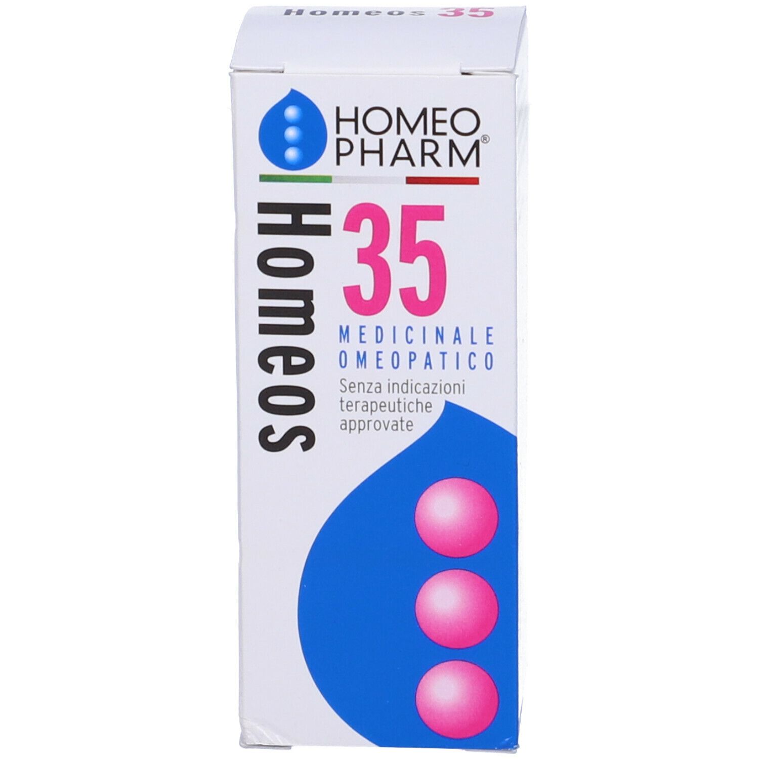 Scatola bianca con stampa del prodotto. Scritta: Homeos 35. Elementi blu e rosa.