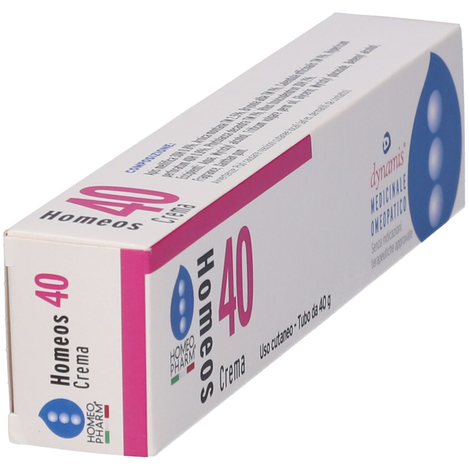 Vista angolata della confezione Homeos 40 Crema. Scatola bianca con dettagli rosa e blu. Testo: Homeos 40 Crema, dynamis medicinale omeopatico.