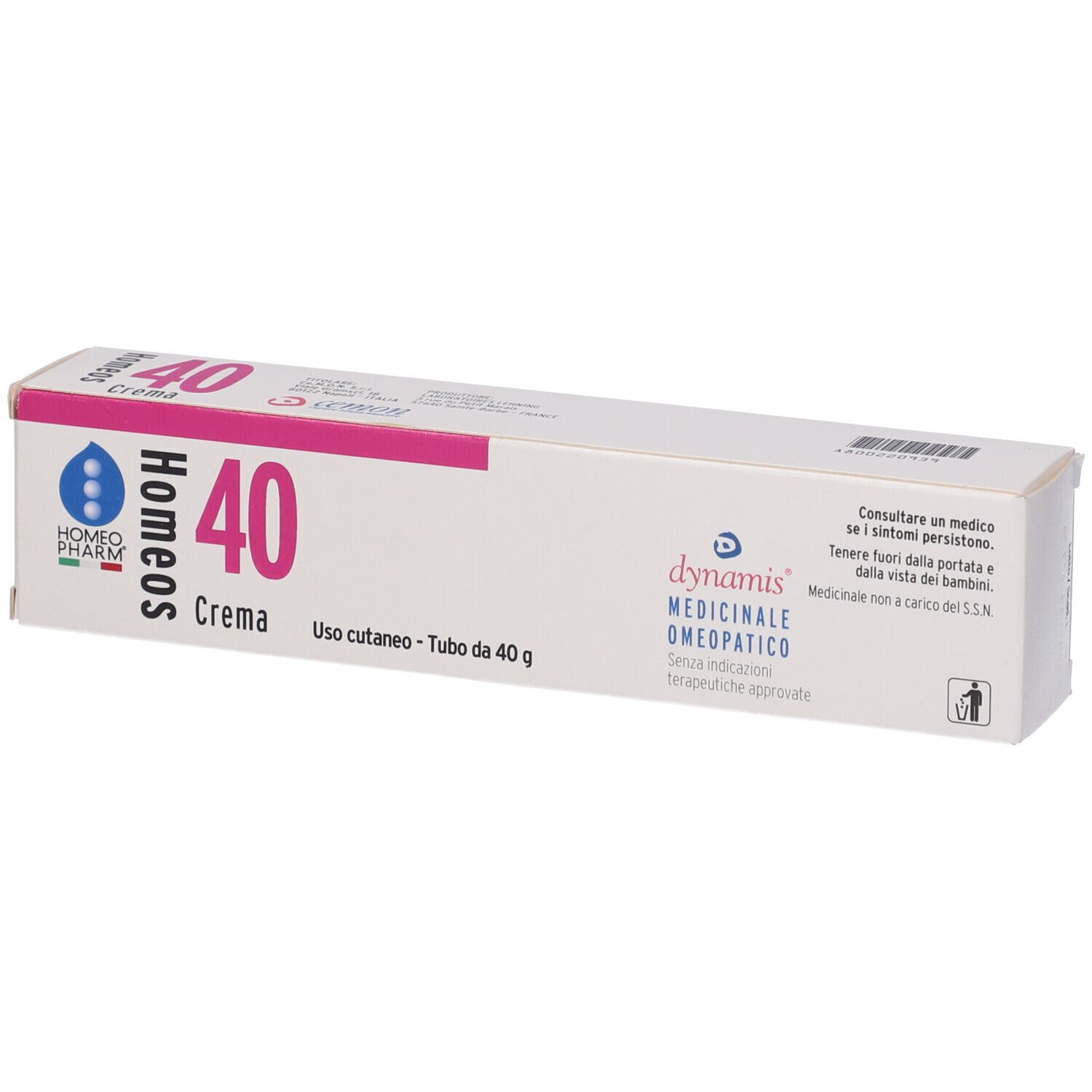 Confezione Homeos 40 Crema. Scatola bianca con dettagli rosa e blu. Testo: Homeos 40 Crema, dynamis medicinale omeopatico. Avvertenze.