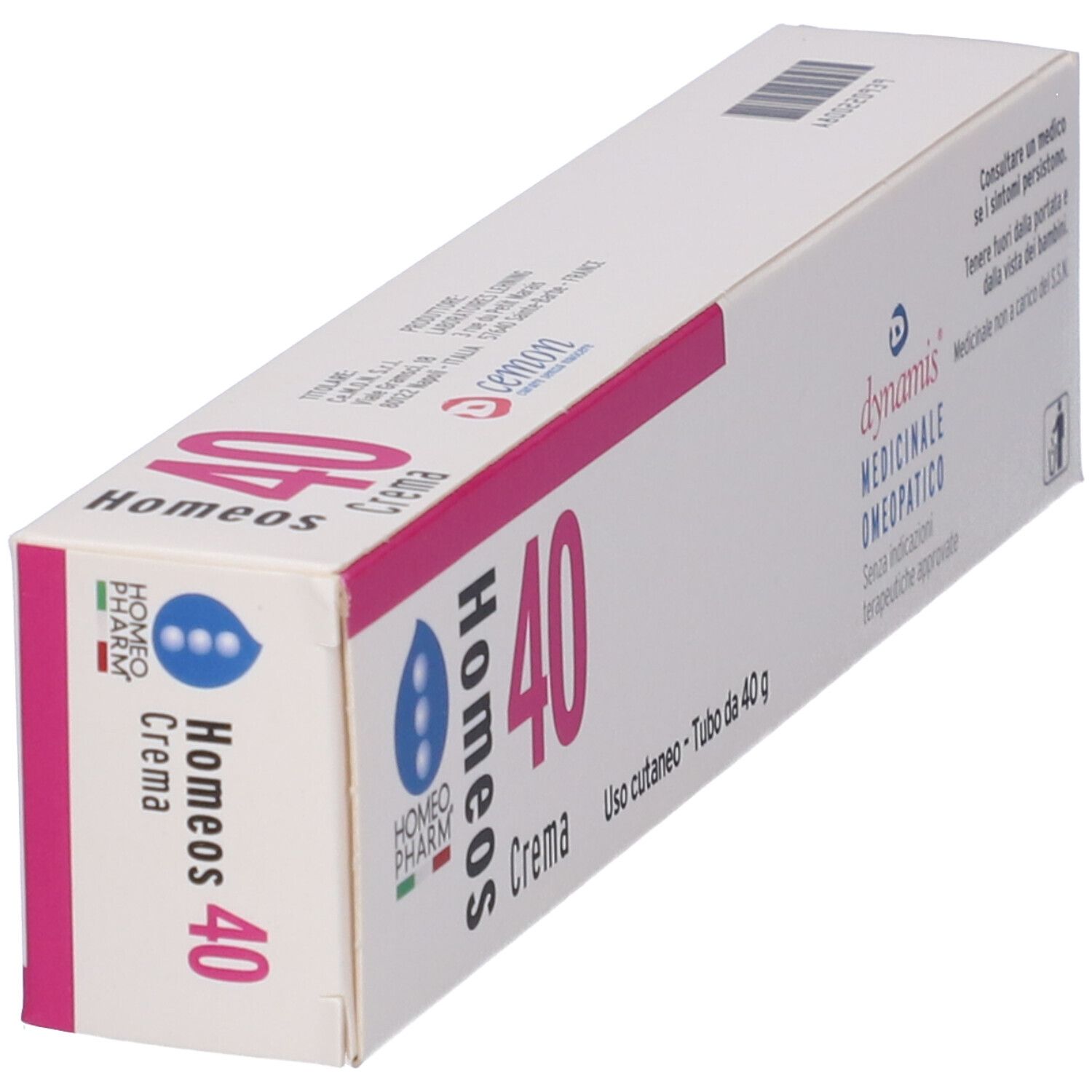 Vista angolata della confezione Homeos 40 Crema. Scatola bianca con dettagli rosa e blu. Testo: Homeos 40 Crema, dynamis medicinale omeopatico.