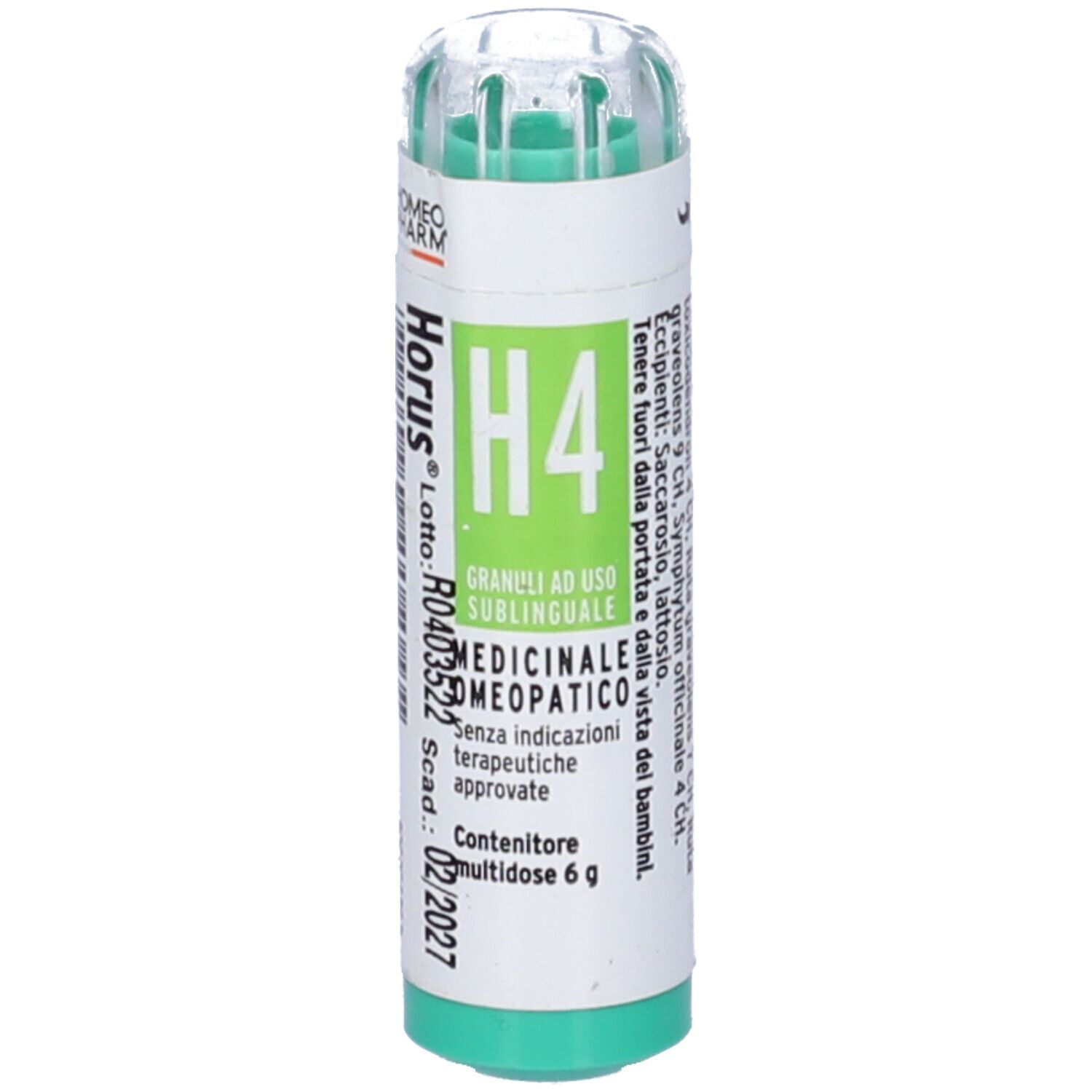 Flacone cilindrico con base e tappo verdi. Scritta: Horus H4, Granuli ad uso sublinguale, medic. omeopatico. Scadenza 02/2027.