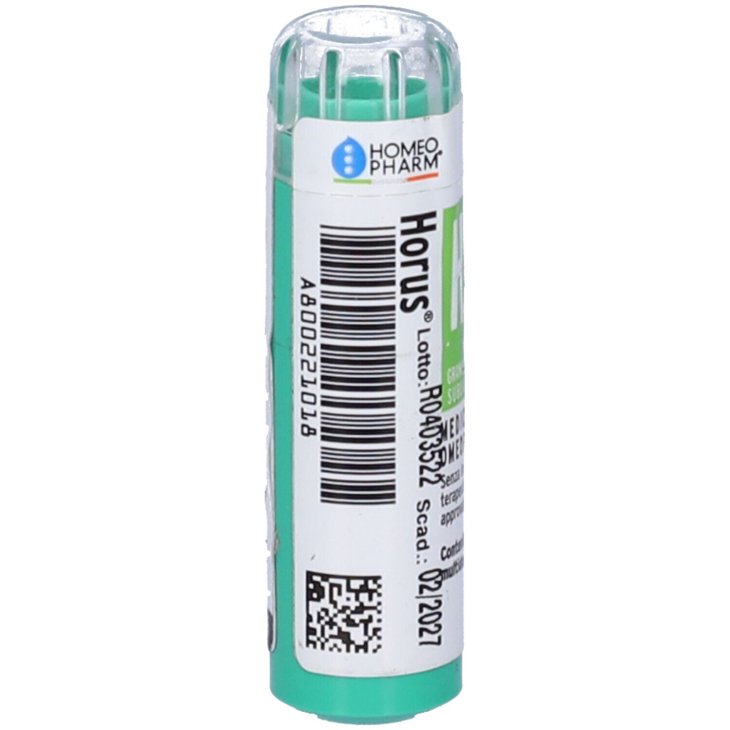 Flacone cilindrico con base e tappo verdi. Scritta: Horus, codice a barre, A800221018, Scadenza 02/2027.