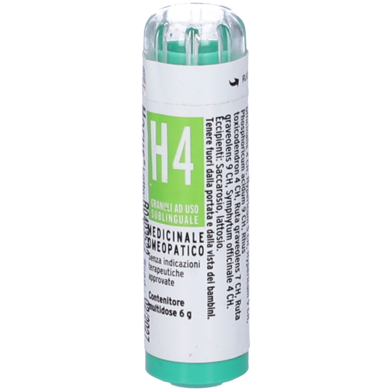 Flacone cilindrico con base e tappo verdi. Scritta: H4, Granuli ad uso sublinguale, medic. omeopatico. Scadenza 02/2027.