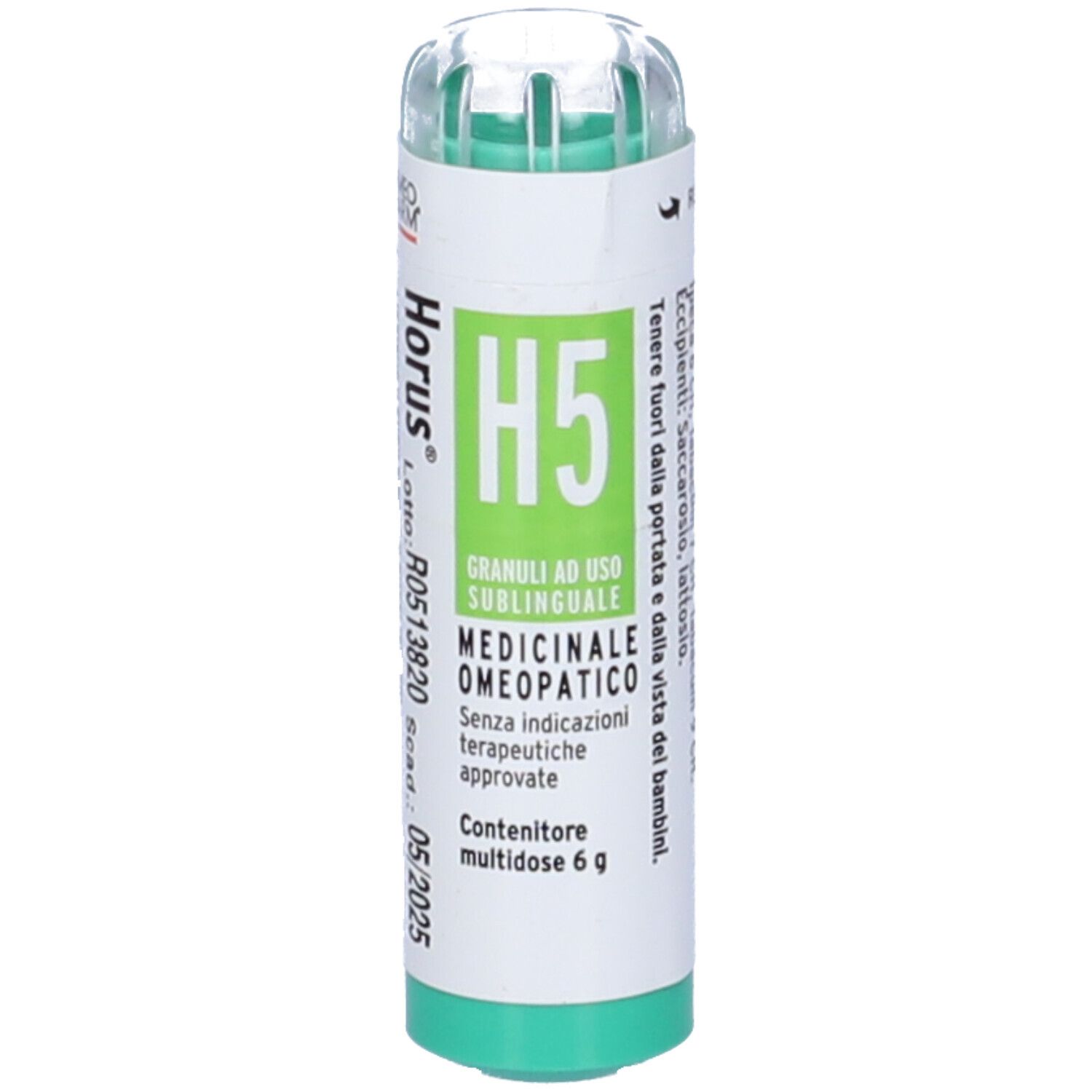 Flacone cilindrico con base e coperchio verdi. Scritta: Horus H5 Granuli, Medicinale Omeopatico. Scadenza: 05/2025.