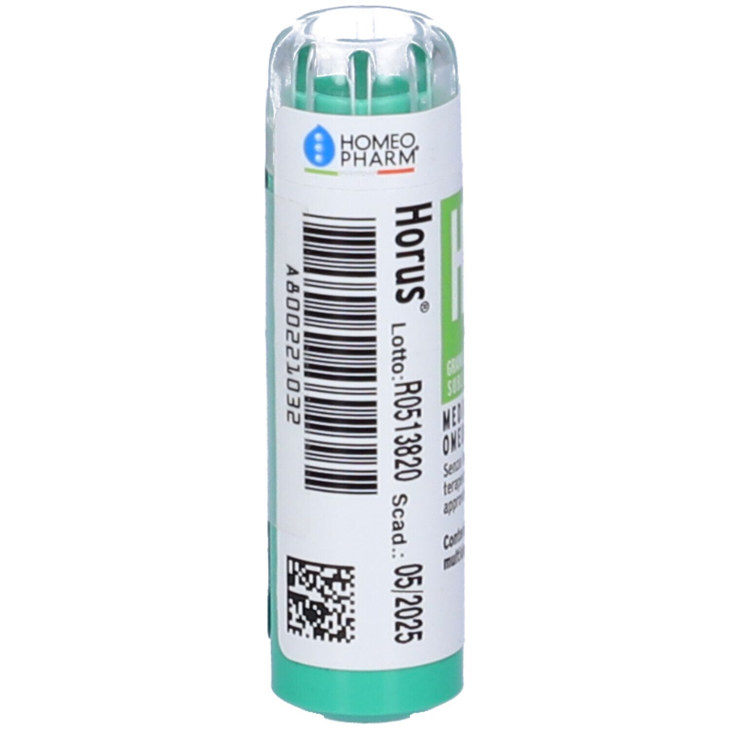 Flacone cilindrico con base e coperchio verdi. Scritta: Horus, Homeopharm, numero di lotto e scadenza: 05/2025.