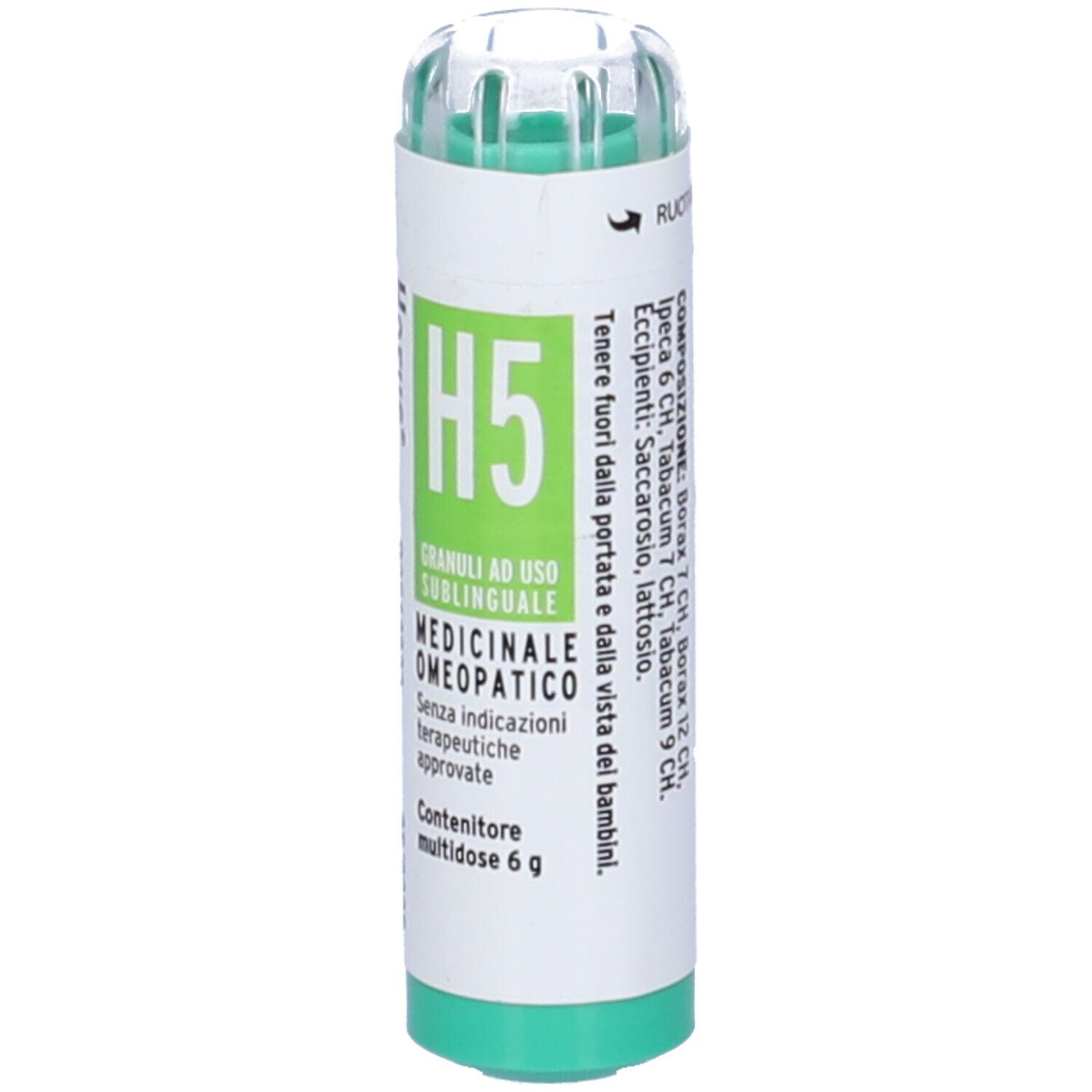 Flacone cilindrico con base e coperchio verdi. Scritta: Horus H5 Granuli, Medicinale Omeopatico. Ingredienti e istruzioni.