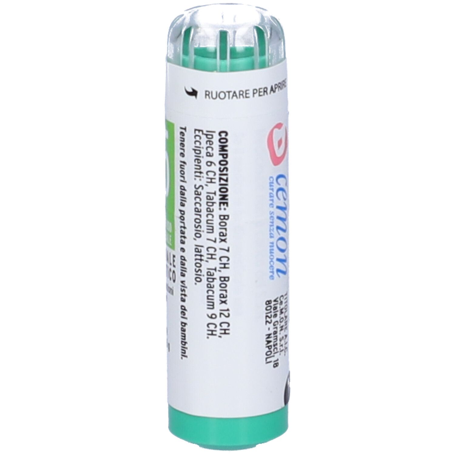 Flacone cilindrico con base e coperchio verdi. Scritta: Cemon, ingredienti e istruzioni. Nome del prodotto non visibile.