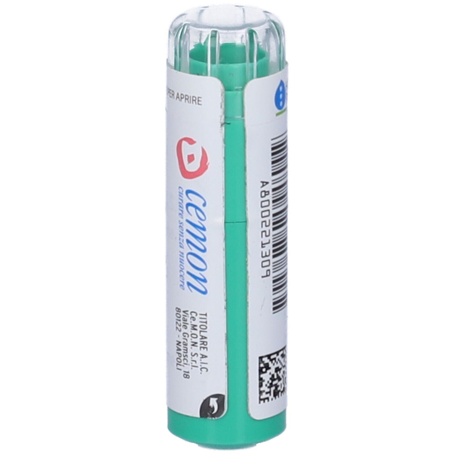 Confezione cilindrica verde e bianca. Scritta: Cemon, Granuli, indirizzo, codice a barre.