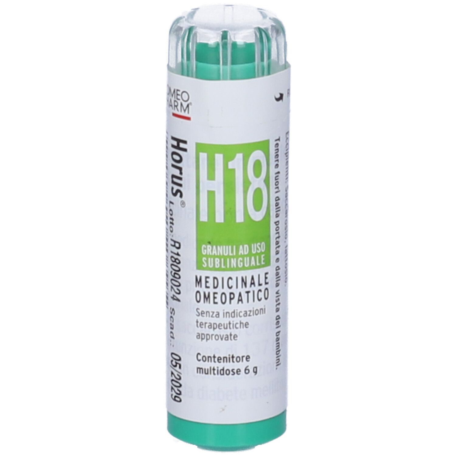 Confezione cilindrica verde e bianca. Scritta: Horus H18 Granuli, medicinale, scad. 05/2029.