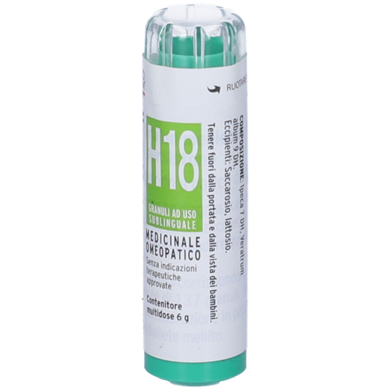 Confezione cilindrica verde e bianca. Scritta: H18 Granuli, medicinale, 6 g.