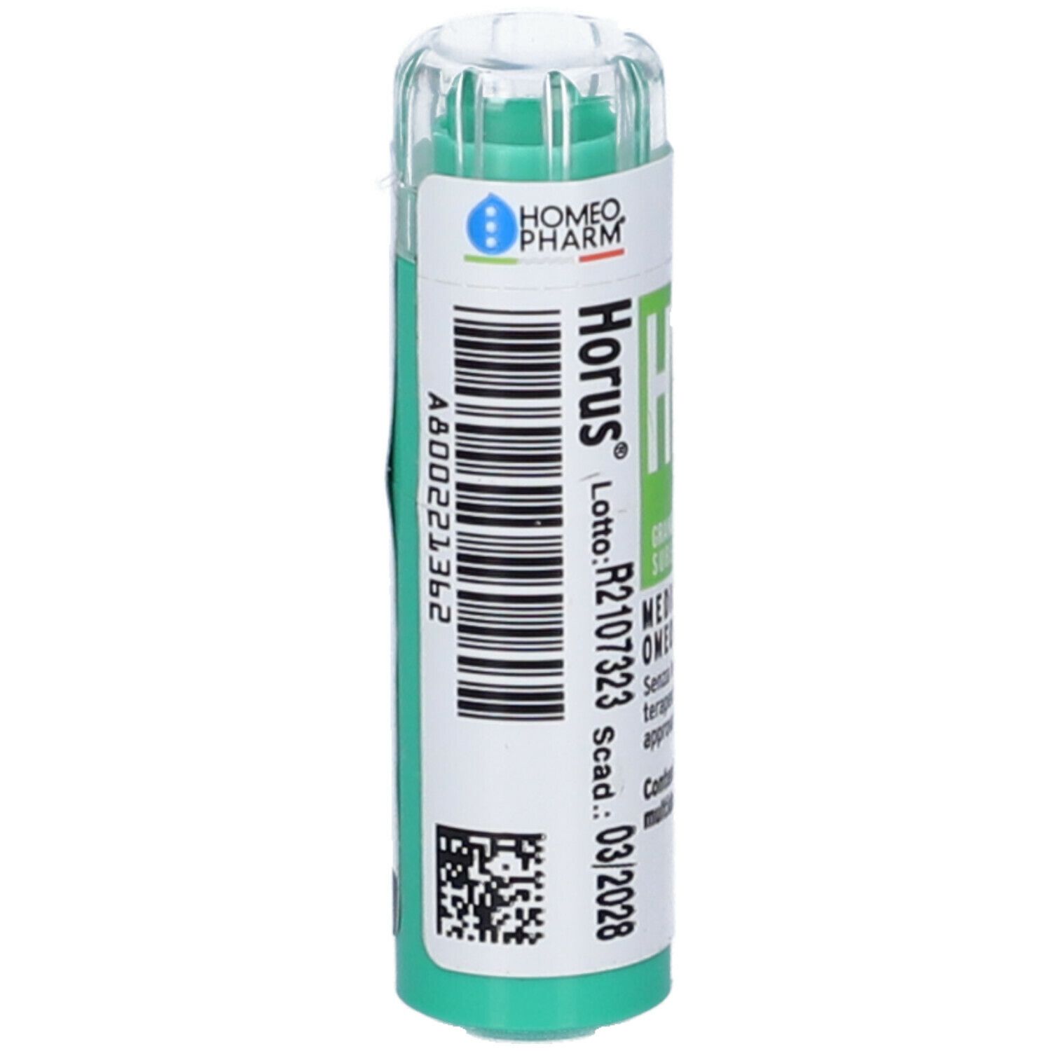 Flacone cilindrico verde e bianco. Scritta: Horus H21 Granuli, Medicinale omeopatico. Codice a barre.
