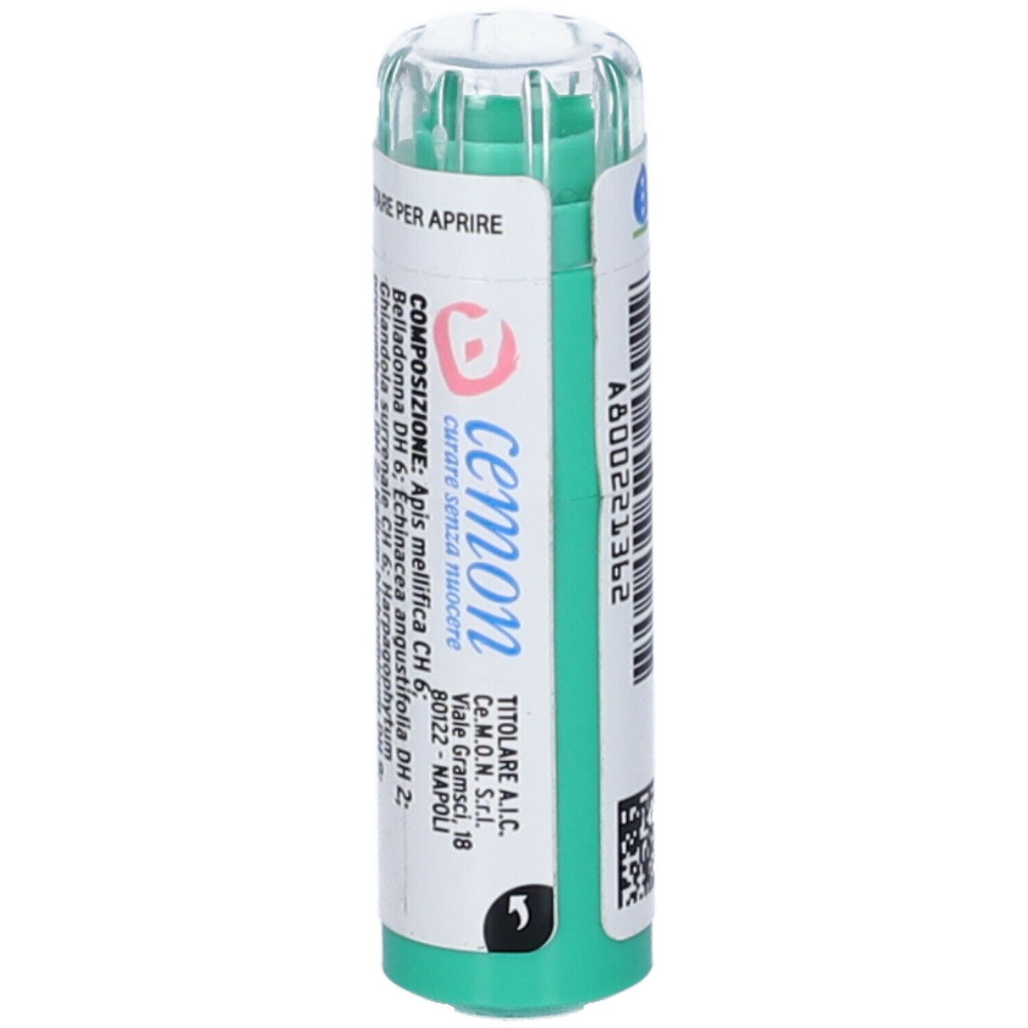 Flacone cilindrico verde e bianco. Scritta: cemon, Composizione, Titolare A.I.C.