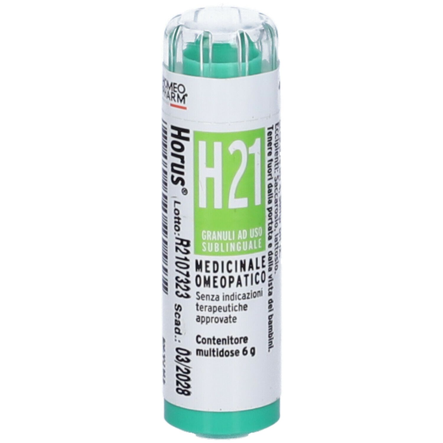 Flacone cilindrico verde e bianco. Scritta: Horus H21 Granuli, Medicinale omeopatico. Scadenza 03/2028.