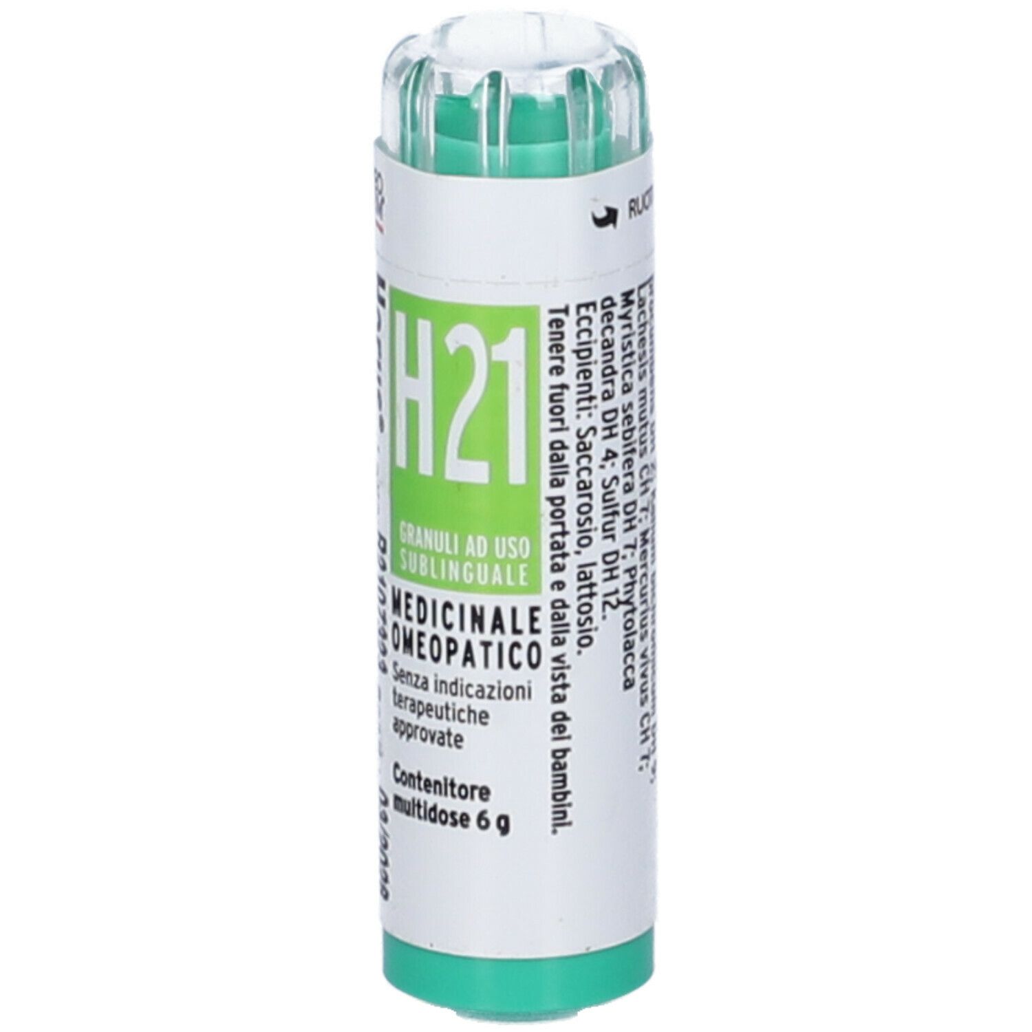Flacone cilindrico verde e bianco. Scritta: Horus H21 Granuli, Medicinale omeopatico. Ingredienti.