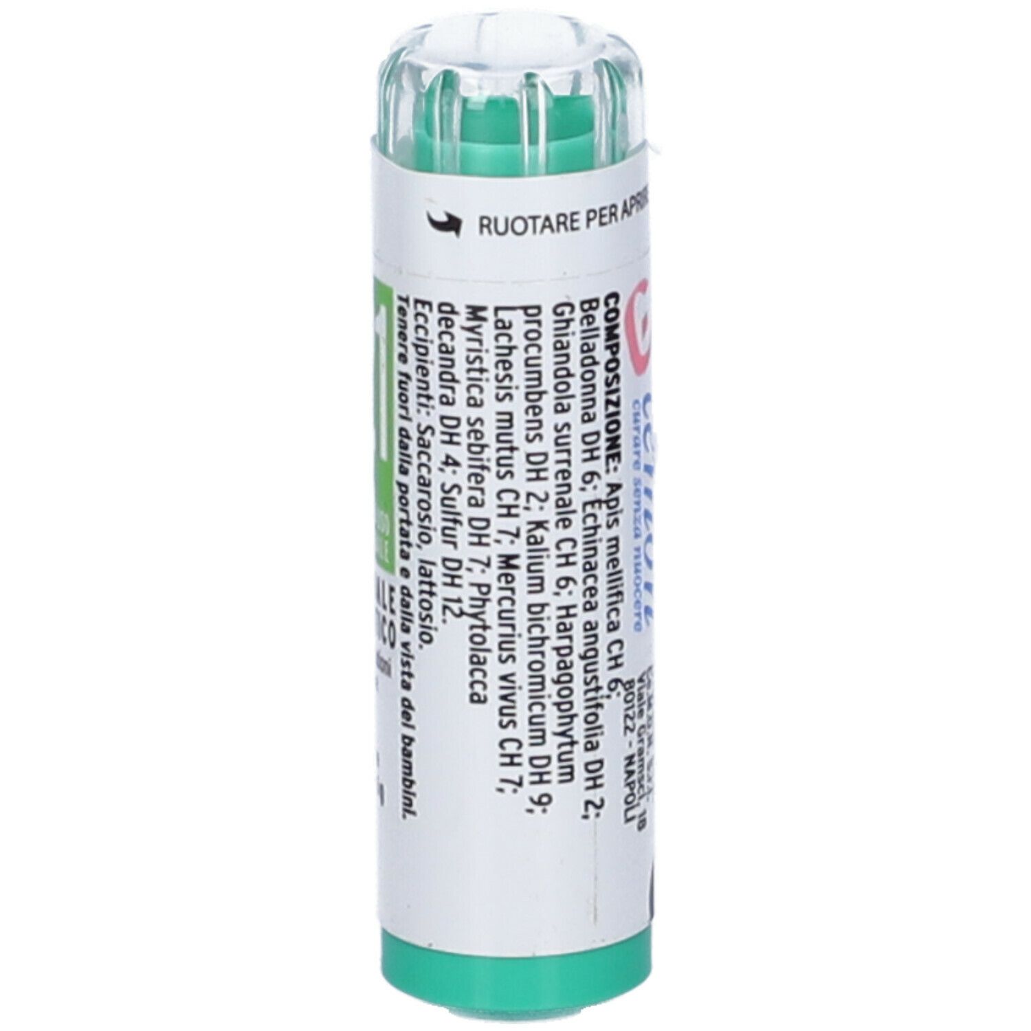 Flacone cilindrico verde e bianco. Scritta: Horus H21 Granuli, Medicinale omeopatico. Ingredienti.