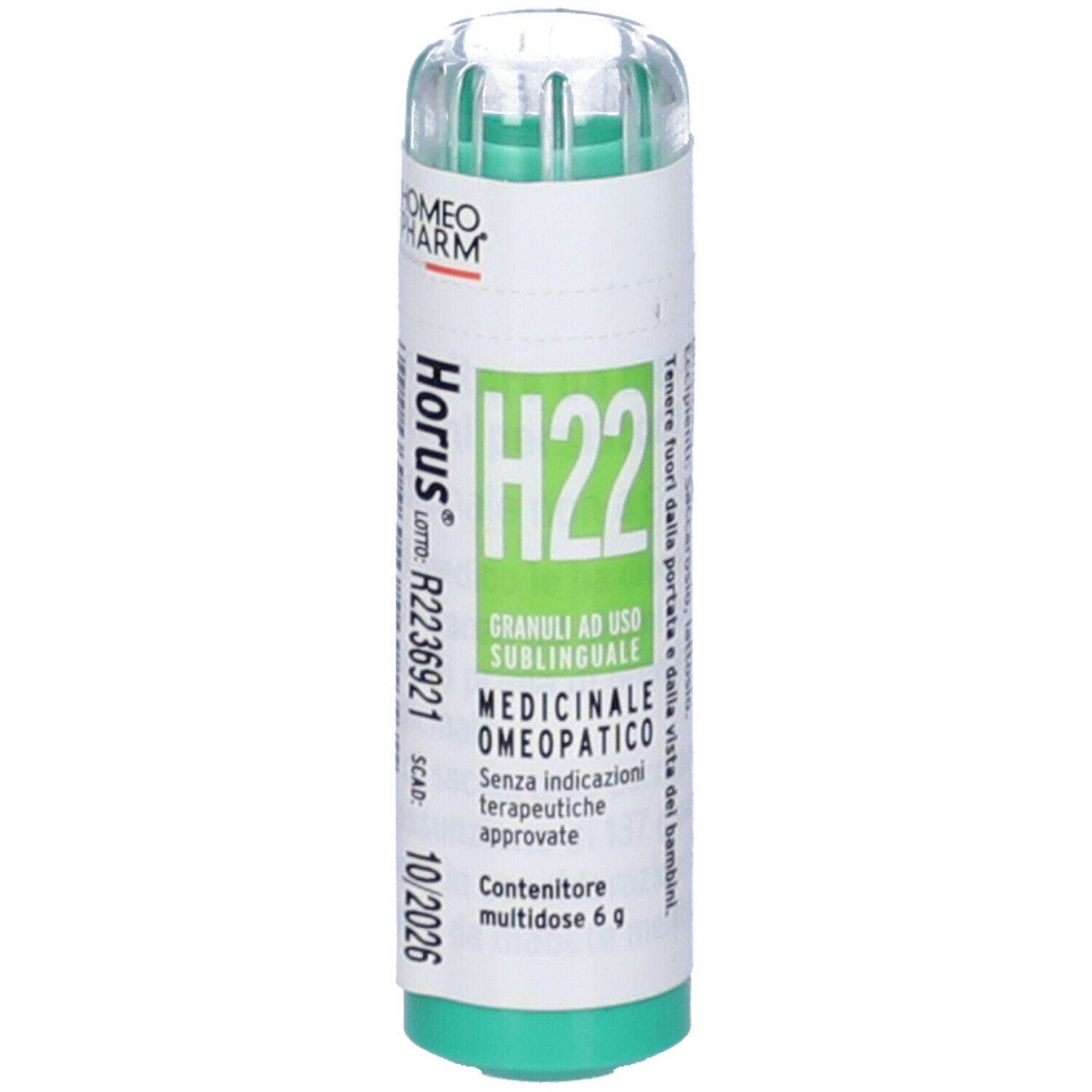 Tubo cilindrico verde e bianco. Scritta: Horus H22 Granuli, Medicinale Omeopatico. Scadenza 10/2026.