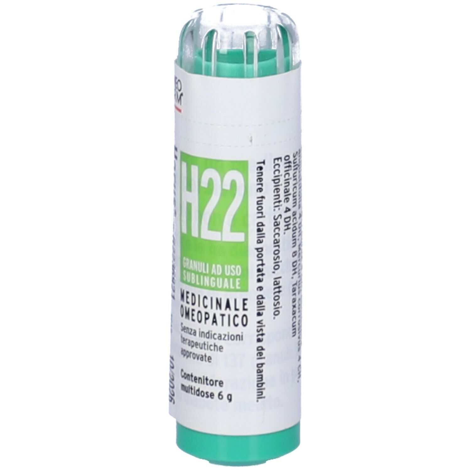 Tubo cilindrico verde e bianco. Scritta: Horus H22 Granuli, Medicinale Omeopatico. Ingredienti.