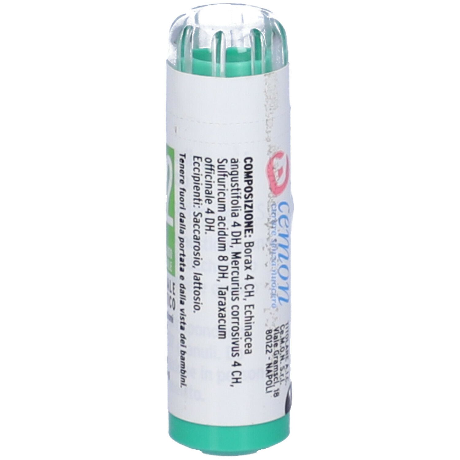 Tubo cilindrico verde e bianco. Scritta: Cemon, Horus. Ingredienti.