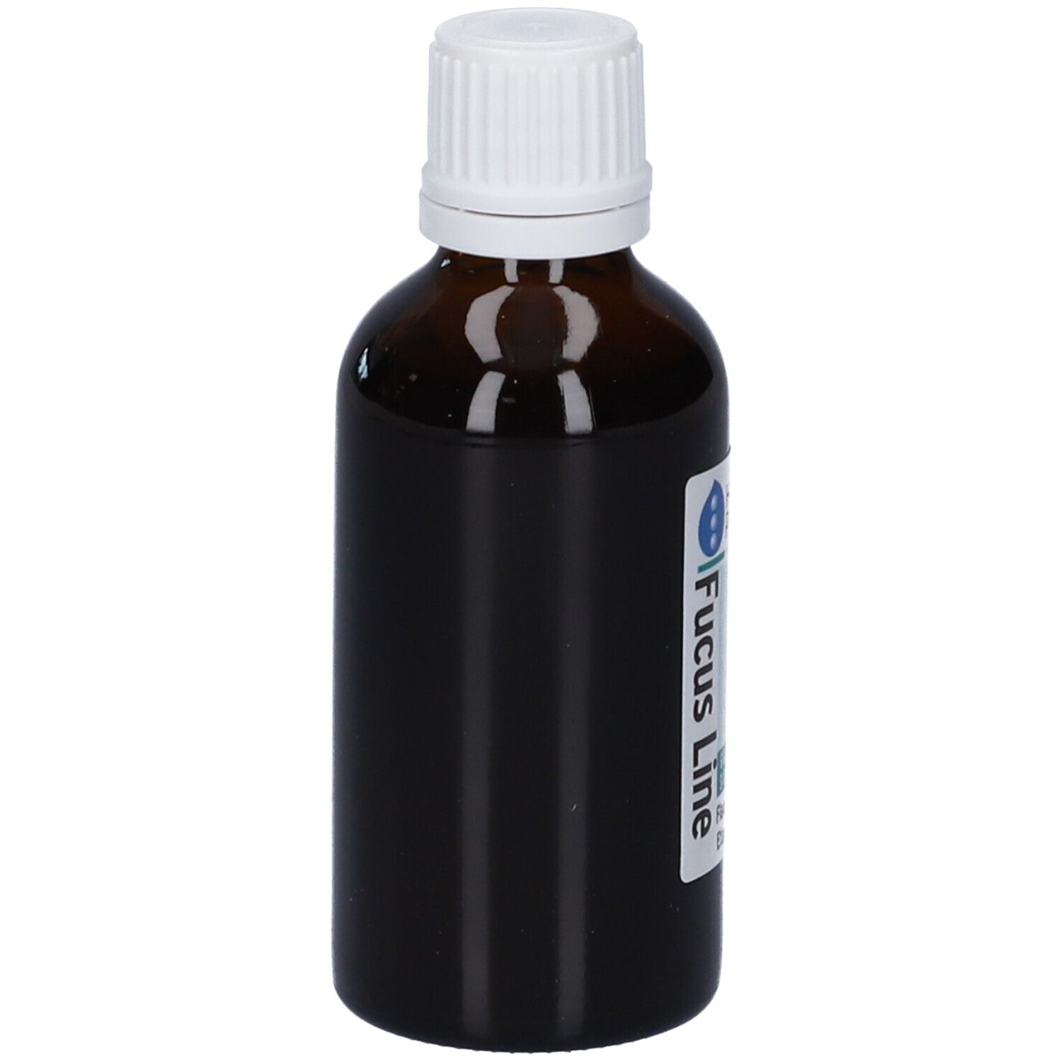 Flacone di vetro marrone con tappo bianco. Etichetta con nome del prodotto. Soluzione.