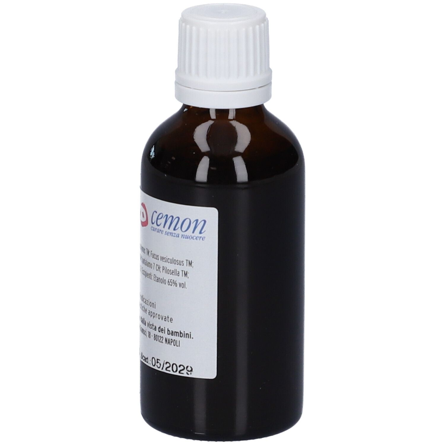 Flacone di vetro marrone con tappo bianco. Etichetta con informazioni e marchio del prodotto.