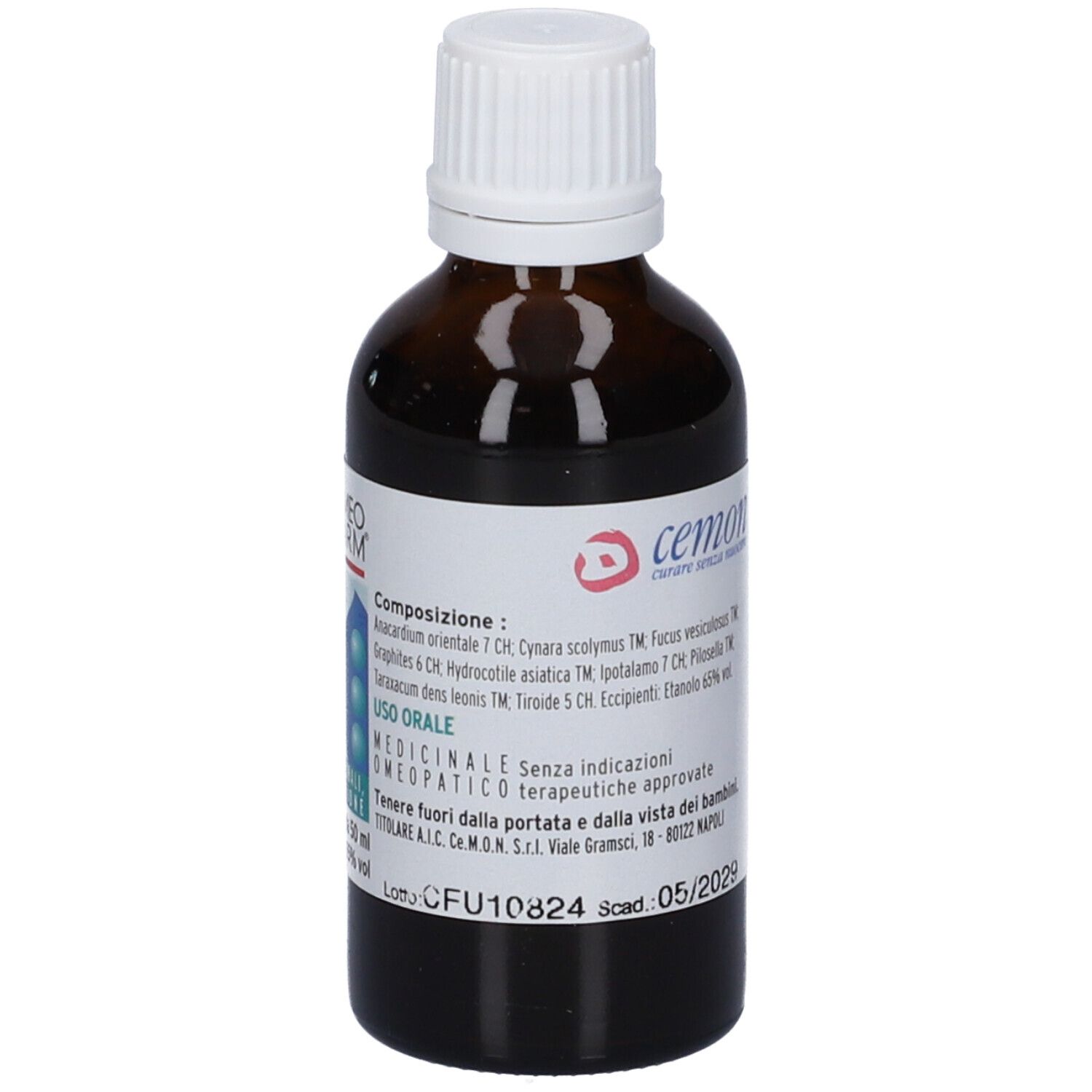 Flacone di vetro marrone con tappo bianco. Etichetta con informazioni e marchio del prodotto.