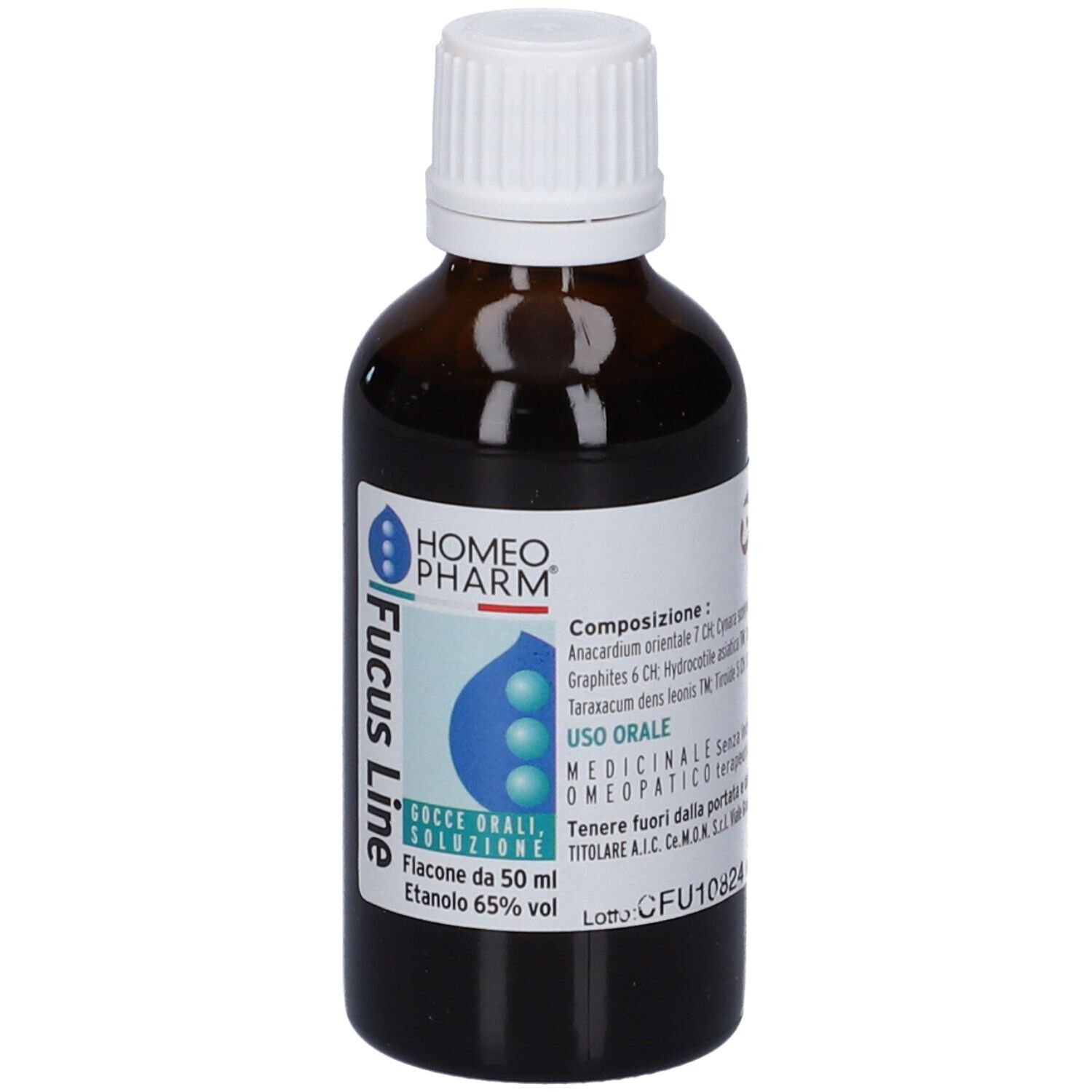 Flacone di vetro marrone con tappo bianco. Etichetta con nome e logo del prodotto. Soluzione.