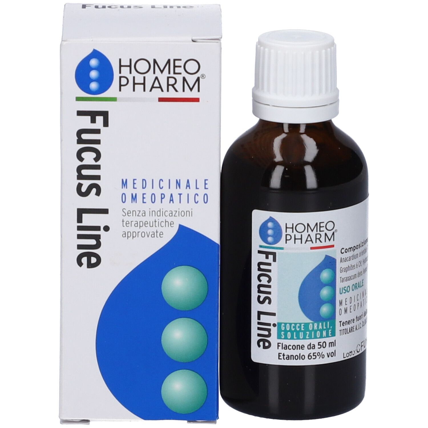 Flacone di vetro marrone con tappo bianco e scatola. Nome e logo del prodotto su etichetta e confezione.