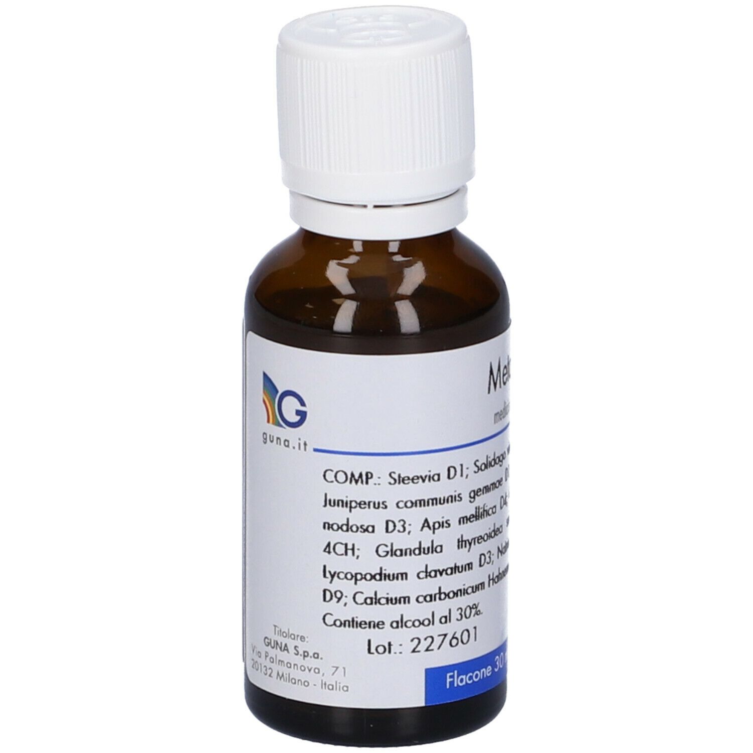 Flacone di vetro marrone con tappo bianco. Etichetta con informazioni e logo Guna. Contenuto 30 ml.
