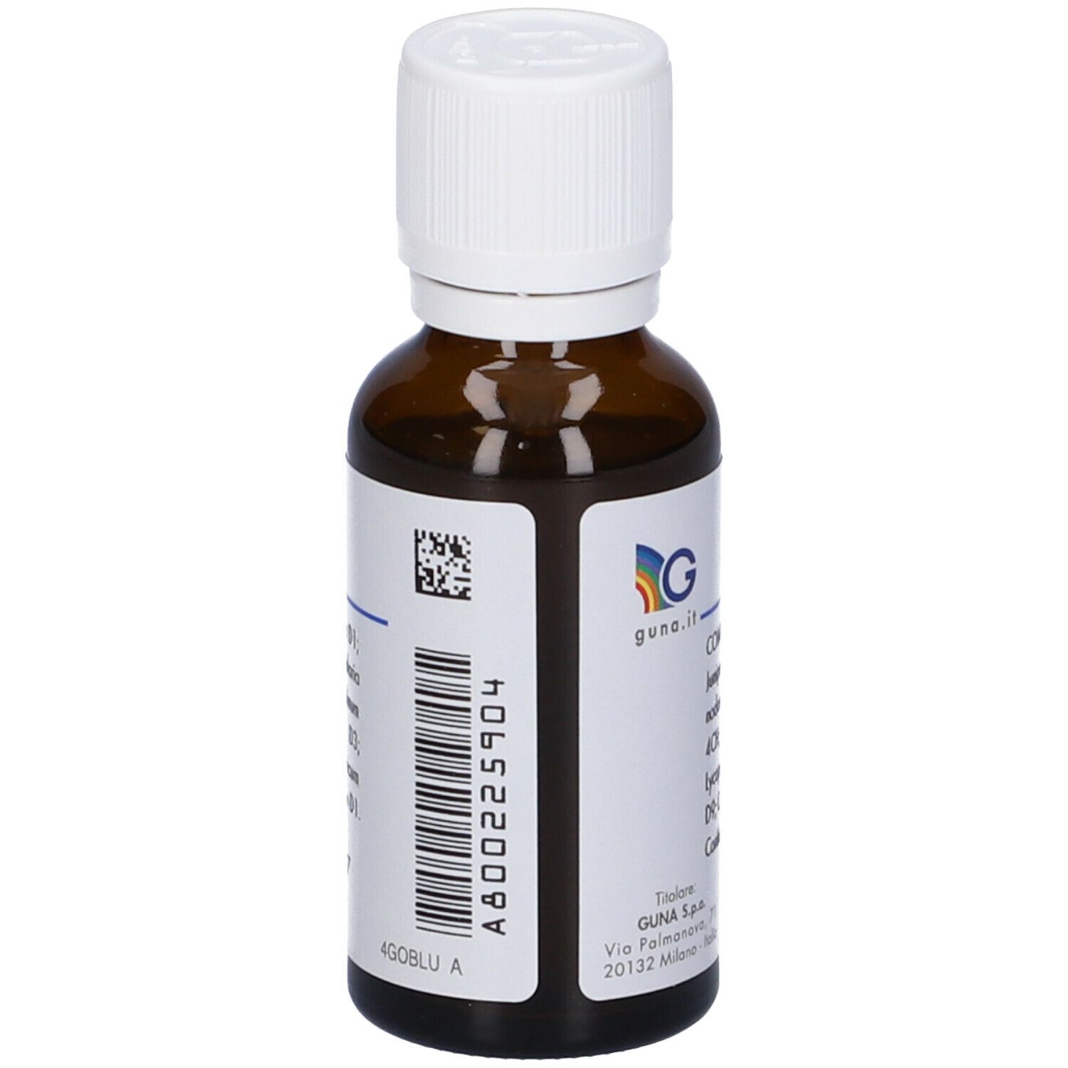 Flacone di vetro marrone con tappo bianco. Etichetta con codice a barre e logo Guna. Informazioni prodotto.