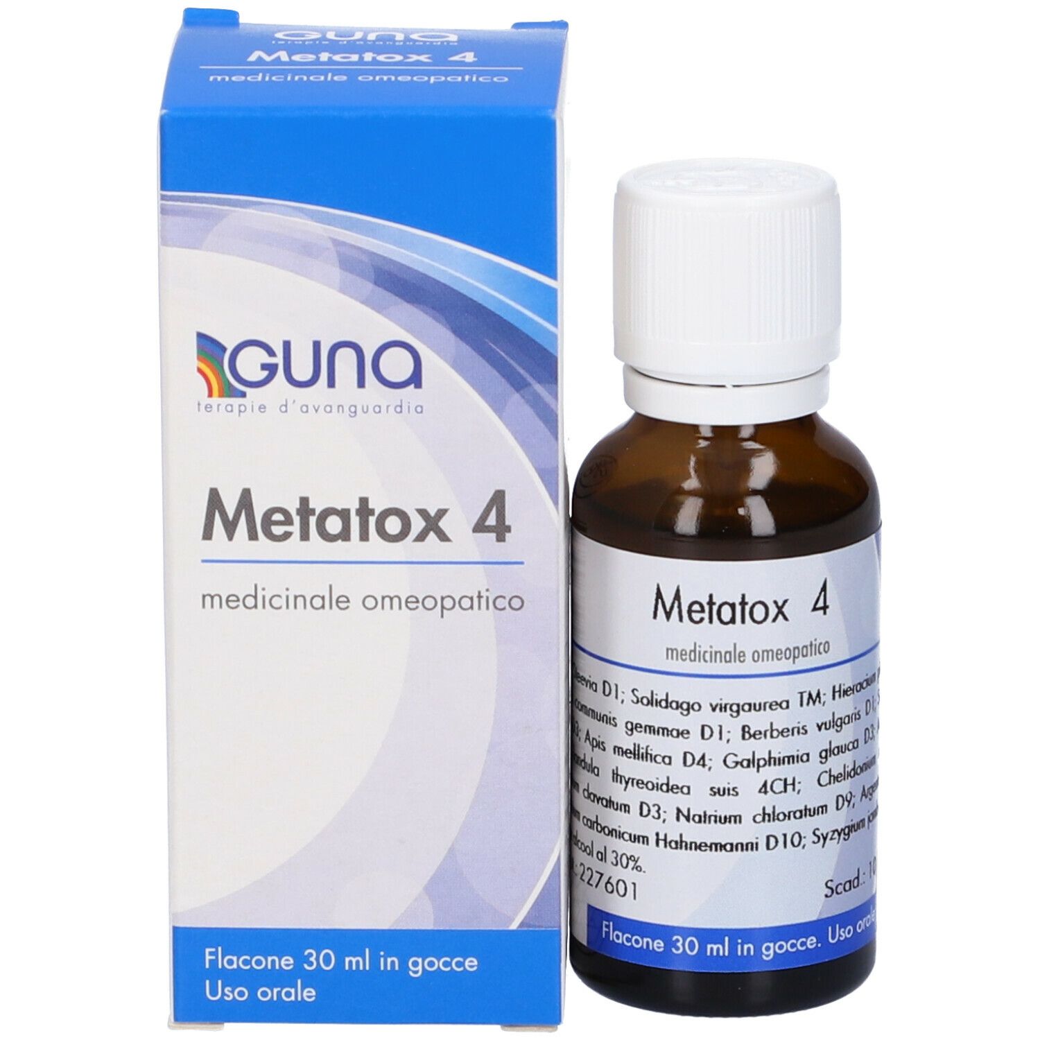 Confezione prodotto con flacone. Scatola blu con nome Metatox 4 e logo Guna. Flacone 30 ml.