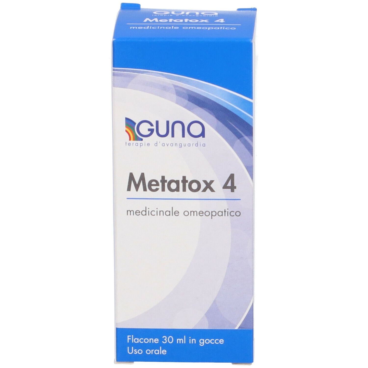 Scatola blu con nome Metatox 4 e logo Guna. Medicinale omeopatico. Flacone 30 ml.