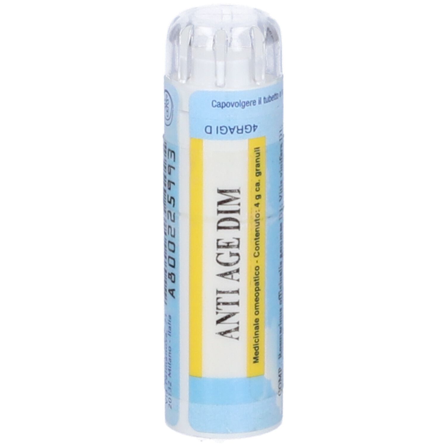 Tubo bianco con etichetta blu e gialla. Scritta: ANTI AGE DIM. Contenuto: 4 g granuli. Coperchio trasparente.