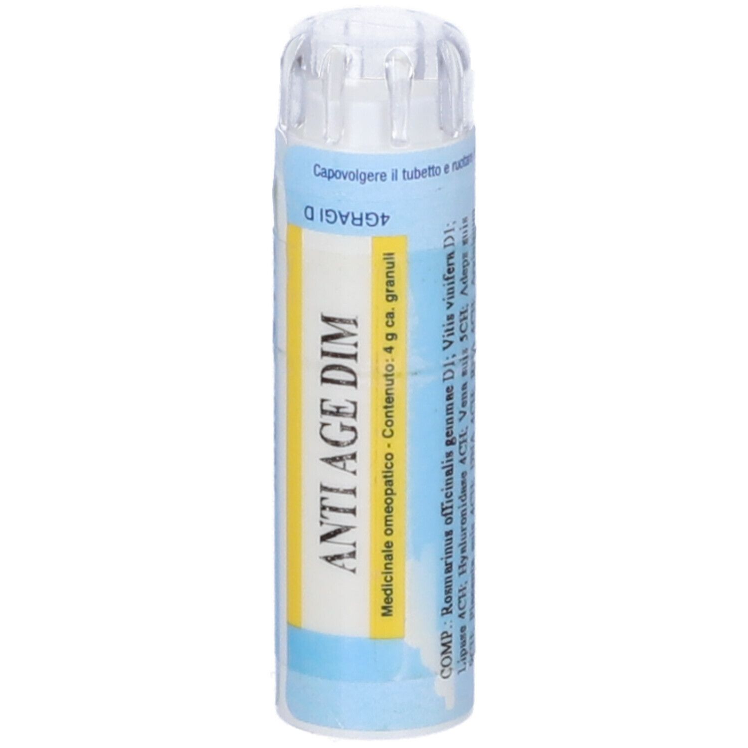 Tubo bianco con etichetta blu e gialla. Scritta: ANTI AGE DIM. Contenuto: 4 g granuli. Coperchio trasparente.
