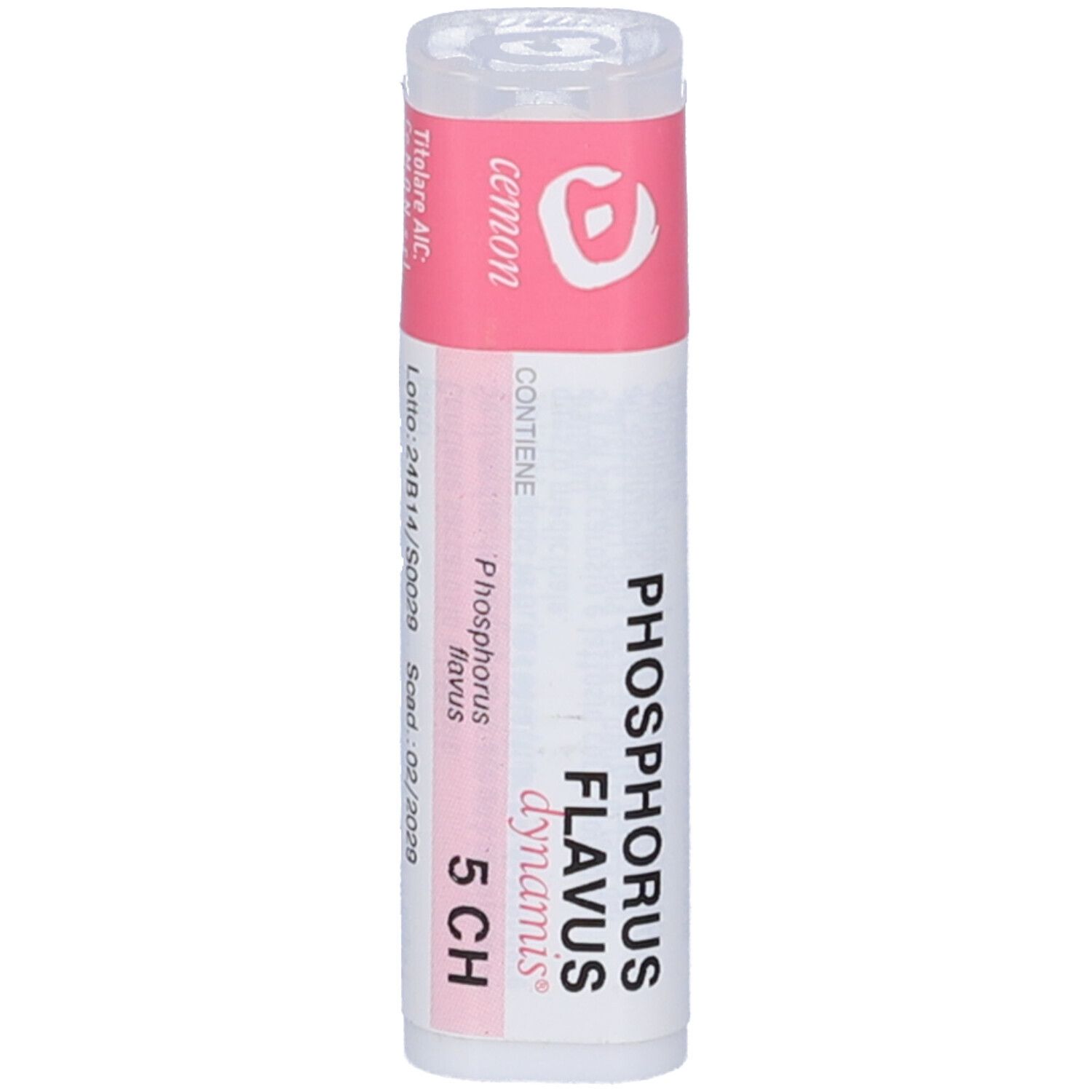 Tubo bianco con etichetta rosa. Etichetta con testo bianco: Phosphorus Flavus 5 CH. Tappo trasparente.