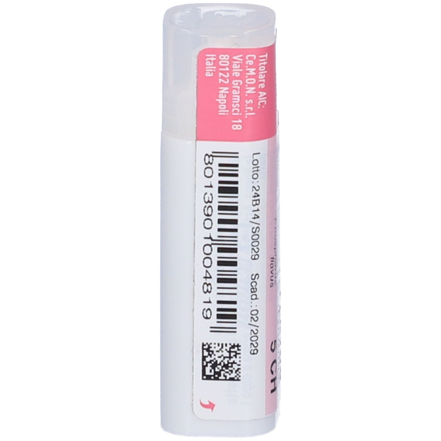 Tubo bianco con etichetta rosa. Etichetta con testo bianco e codice a barre. Tappo trasparente.