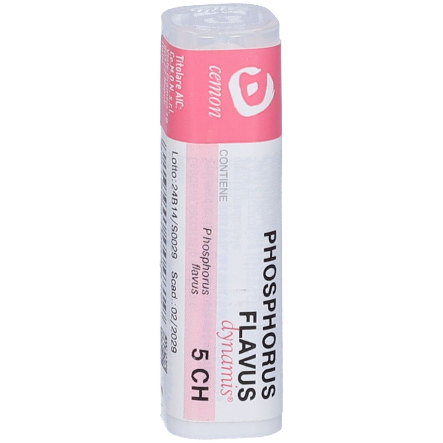 Tubo bianco con etichetta rosa. Etichetta con testo bianco: Phosphorus Flavus 5 CH. Tappo trasparente.