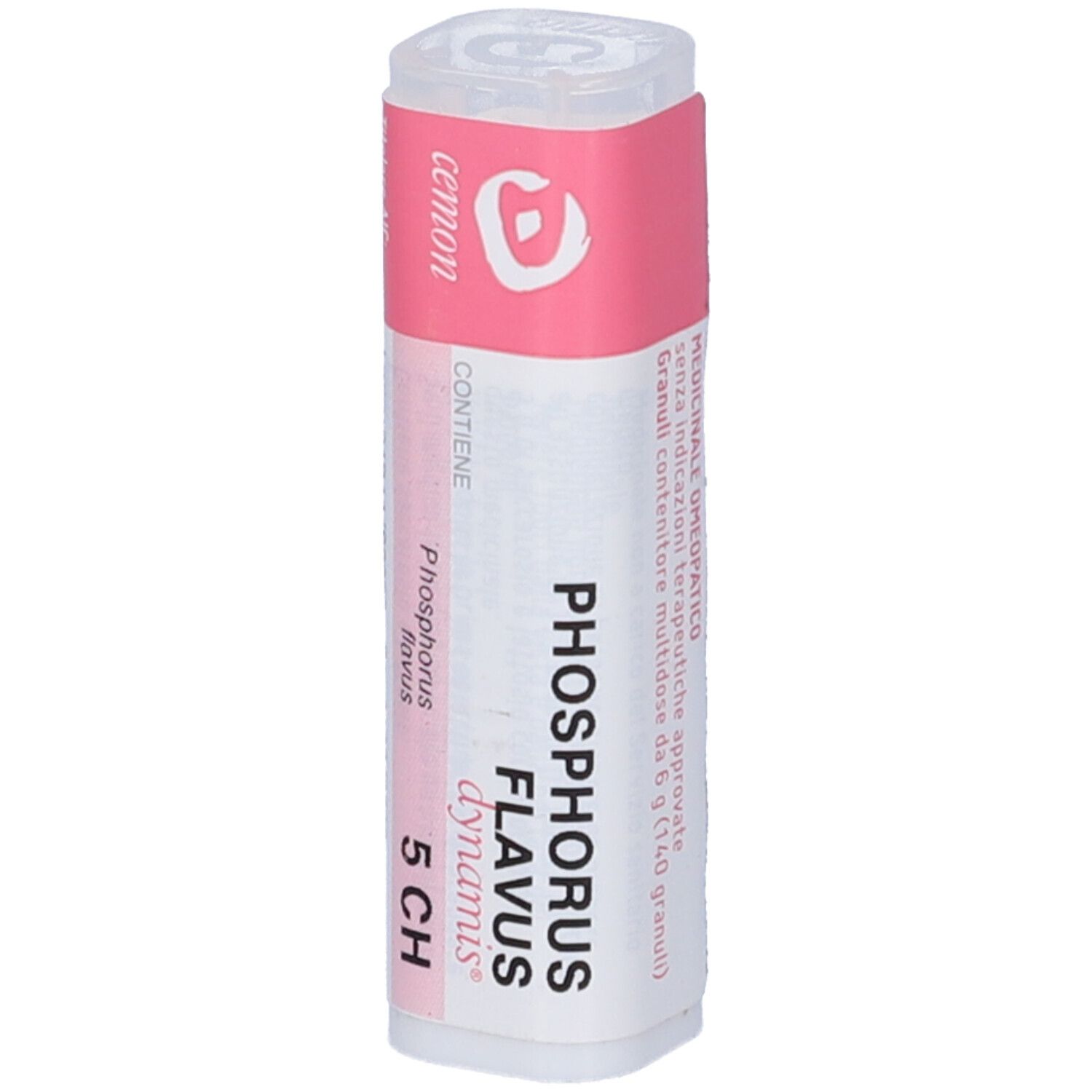 Tubo bianco con etichetta rosa. Etichetta con testo bianco: Phosphorus Flavus 5 CH. Tappo trasparente.