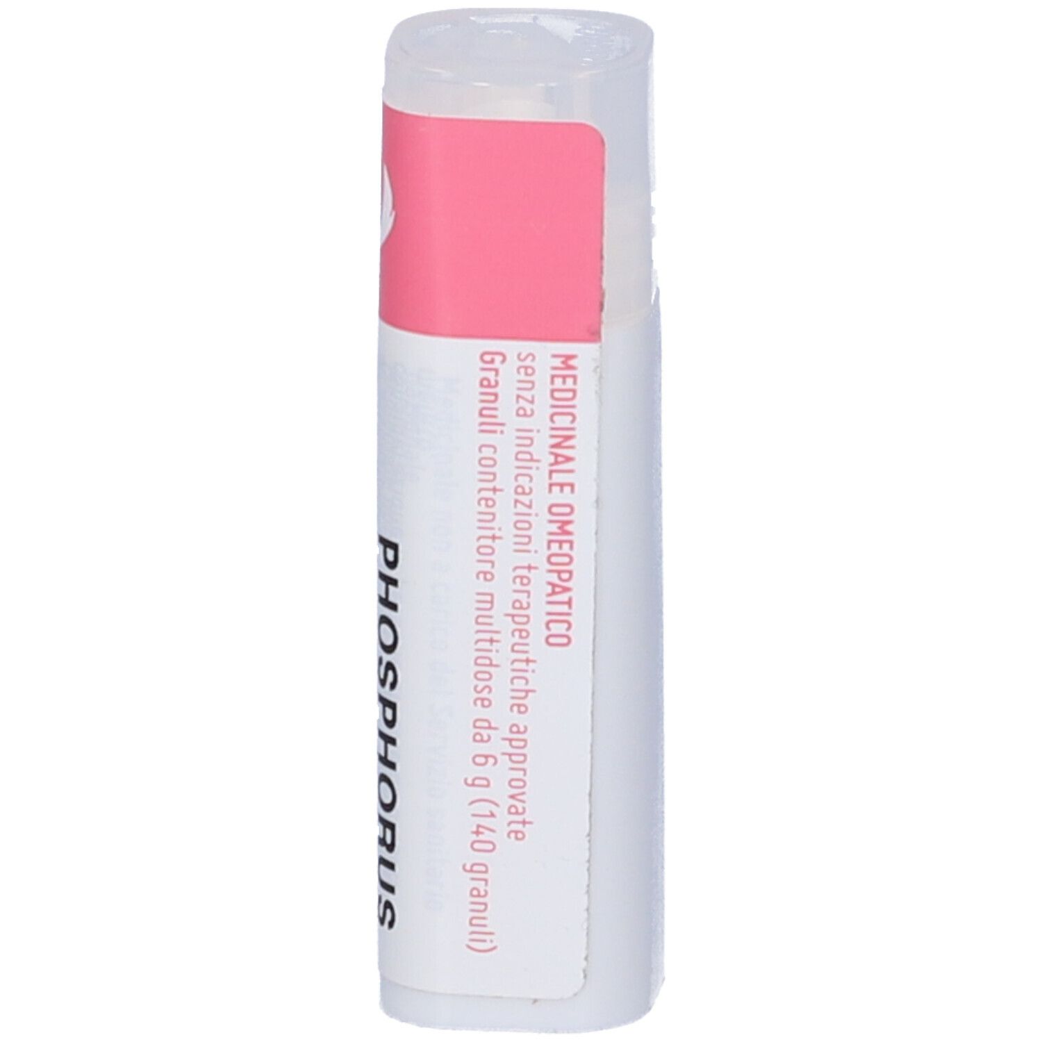 Tubo bianco con etichetta rosa. Etichetta con testo bianco. Tappo trasparente.