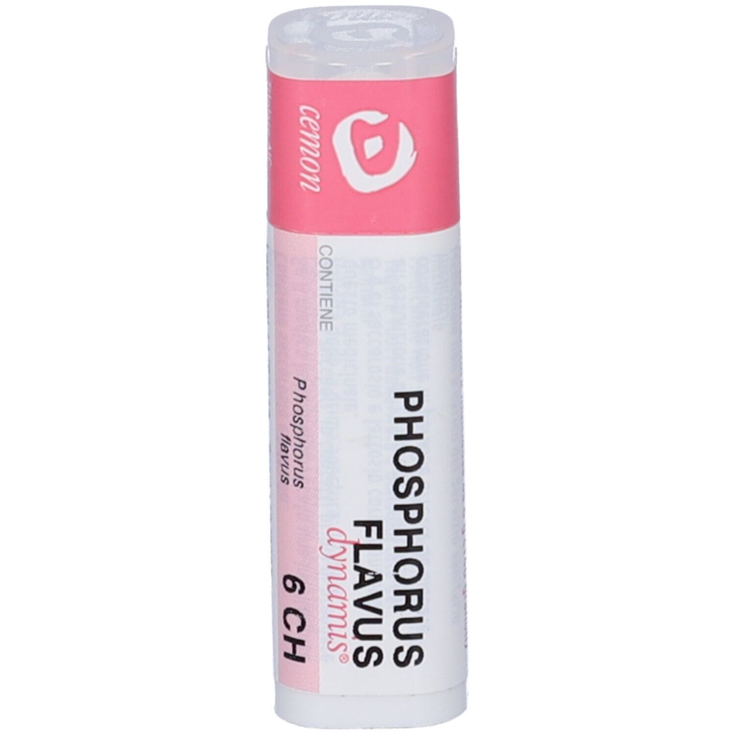 Confezione cilindrica con etichetta rosa e bianca. Scritta: Cemon, Phosphorus Flavus dynamis 6 CH.