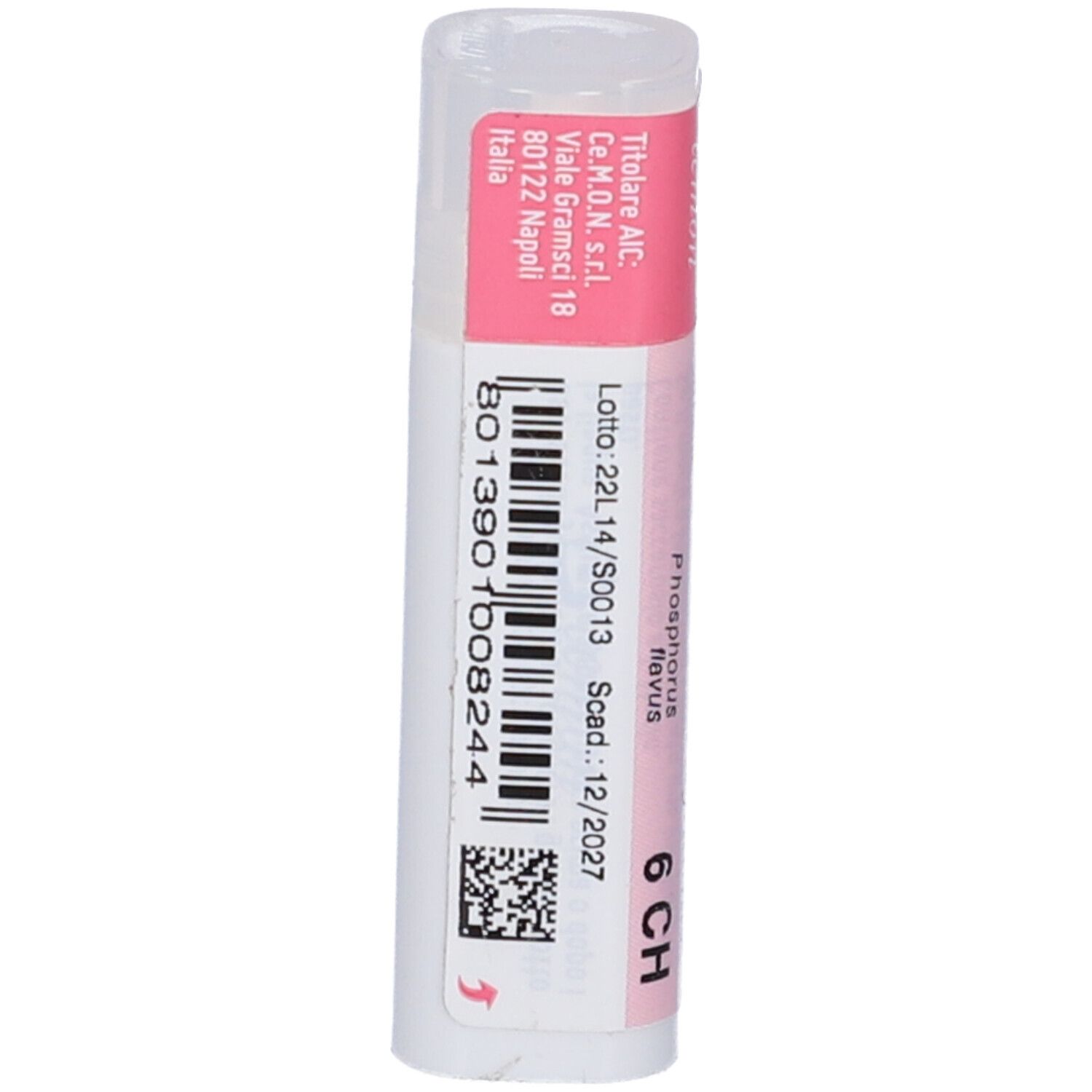 Confezione cilindrica con etichetta rosa e bianca. Scritta: Cemon, Phosphorus Flavus dynamis 6 CH. Codice a barre e scadenza.