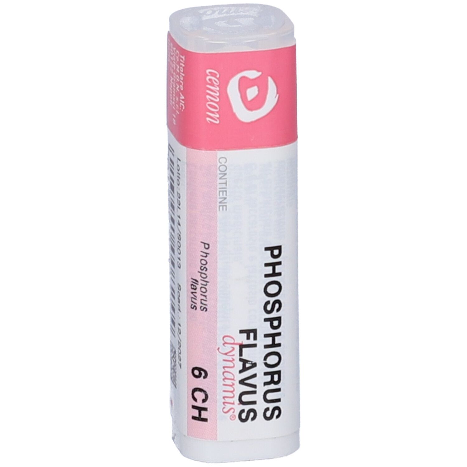 Confezione cilindrica con etichetta rosa e bianca. Scritta: Cemon, Phosphorus Flavus dynamis 6 CH.