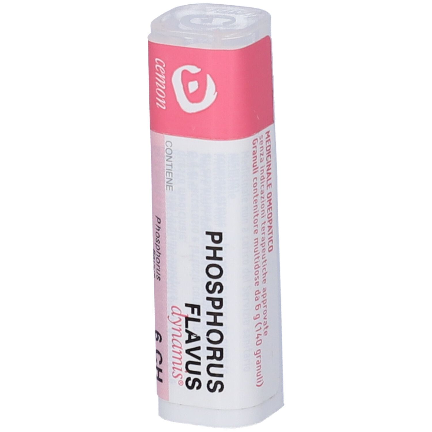 Confezione cilindrica con etichetta rosa e bianca. Scritta: Cemon, Phosphorus Flavus dynamis 6 CH. Prodotto medico.