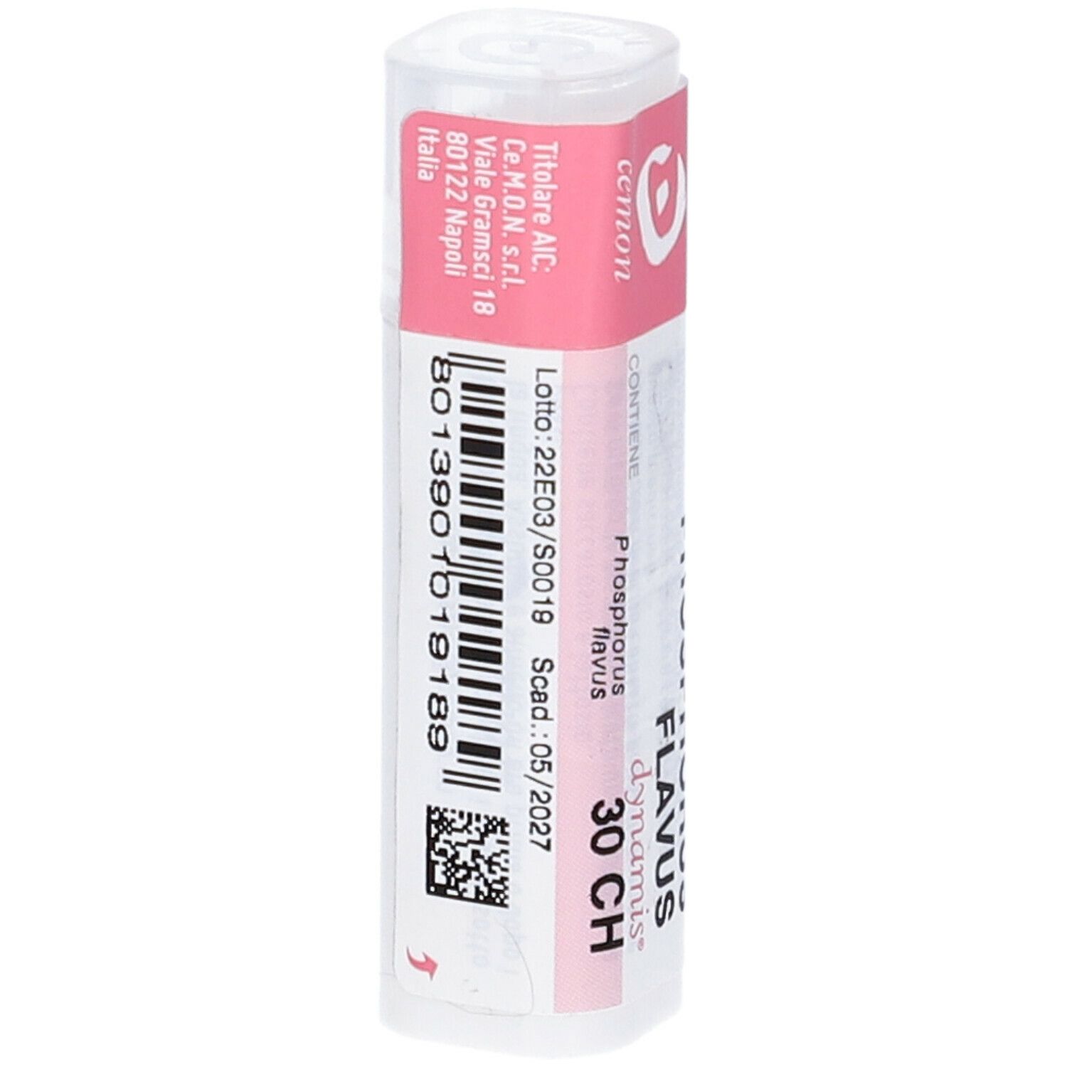Confezione cilindrica con etichetta rosa. Testo: Phosphorus Flavus 30 CH, Cemon.
