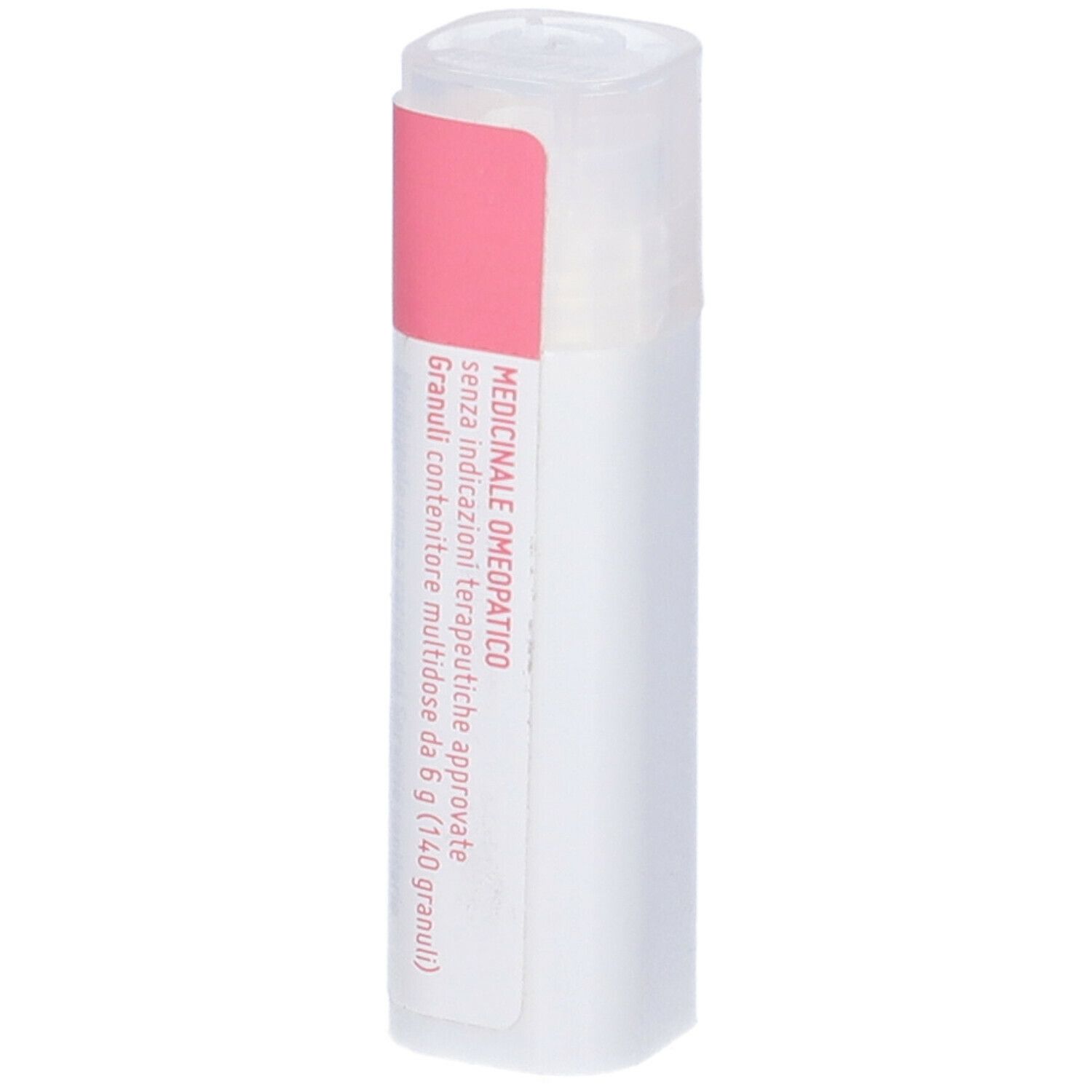 Confezione cilindrica, prevalentemente bianca, con etichetta rosa e testo.