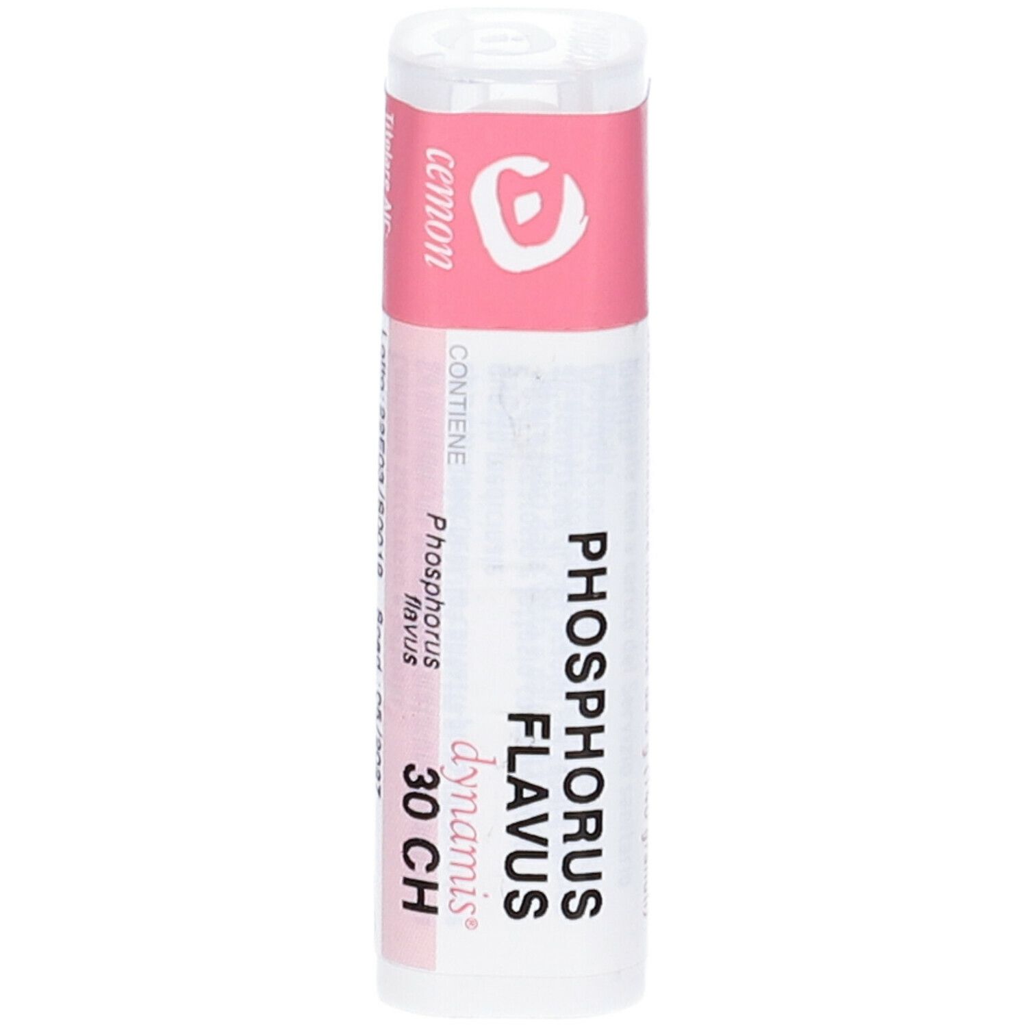 Confezione cilindrica con etichetta rosa. Testo: Phosphorus Flavus 30 CH, Cemon.